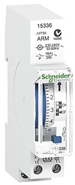 Ein weißer elektrischer Schaltuhr von Schneider Electric, Modellnummer 15336, zeigt eine 24-Stunden-Einstellung mit Pfeilen und Symbolen.