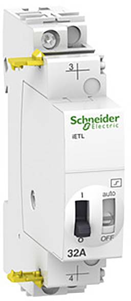 Ein weißer, elektrischer Leistungsschalter von Schneider Electric mit einem Schalter in der Position 'Off' und einer 32A Beschriftung.