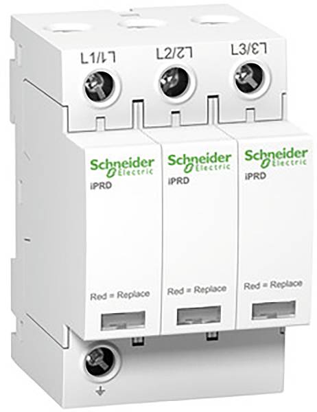 Ein Überspannungsschutzgerät von Schneider Electric mit drei Anschlüssen, gekennzeichnet als L1/L2/L3. Text 'Red = Replace'.