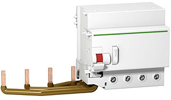Ein elektrischer Schutzschalter mit einem roten Schalter auf der Vorderseite und Kupferanschlussklemmen unten.