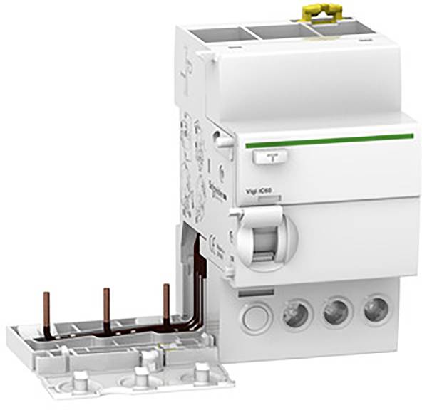 Ein weißer elektrischer Schalter mit Drehknopf und grüner Linie oben, montiert auf einem Anschlussblock mit sichtbaren Kabelverbindungen.
