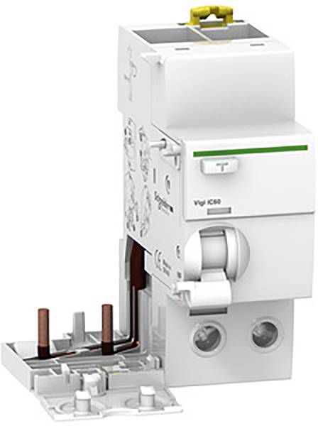 FI-Schutzschalter mit Testknopf der Marke Schneider Electric, Modell Vigi IC60. Er dient dem Schutz vor elektrischen Fehlerströmen.
