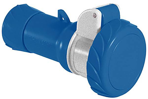 Ein blauer CEE-Steckverbinder mit Schutzkappe für industrielle Anwendungen.