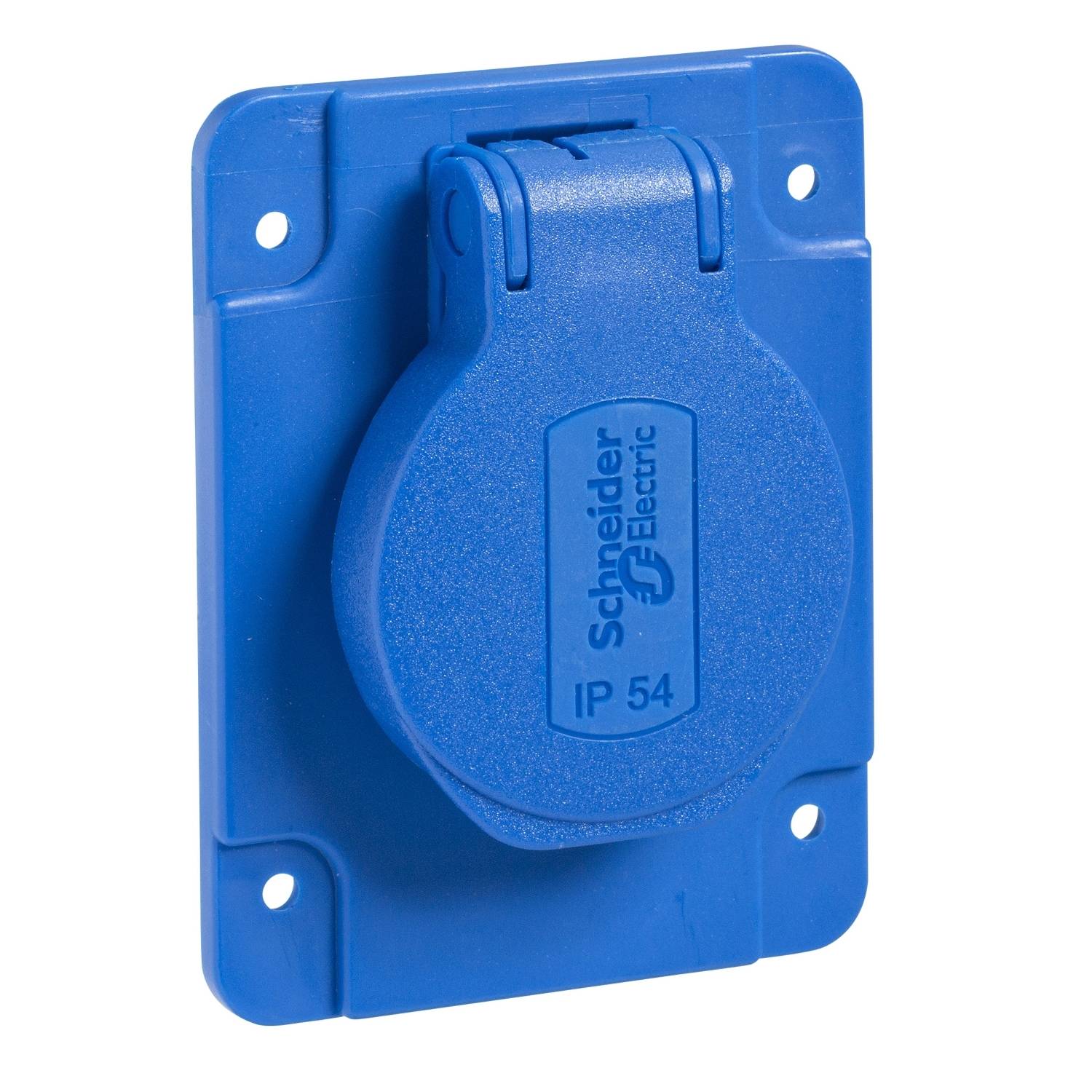 Eine blaue elektrische Steckdose mit Klappdeckel, auf dem 'Schneider Electric IP 54' steht, montiert auf einer blauen Platte.