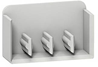 Eine graue Halterung mit drei Schlitzen zur vertikalen Aufbewahrung von Gegenständen.