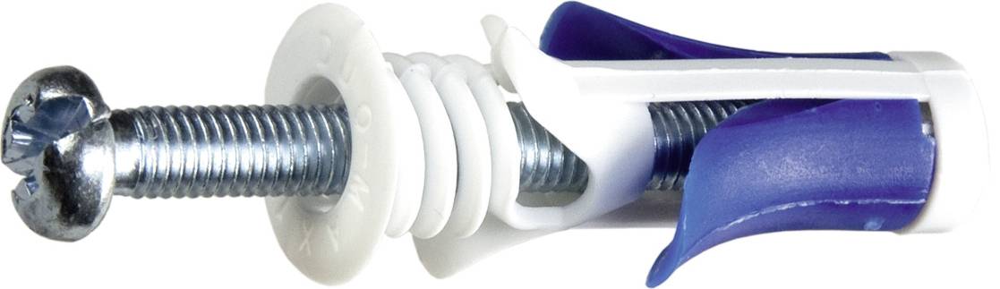 Ein Metall-Schraubanker mit Kunststoffdübel, teilweise eingedreht; für die sichere Befestigung in Wandmaterialien.