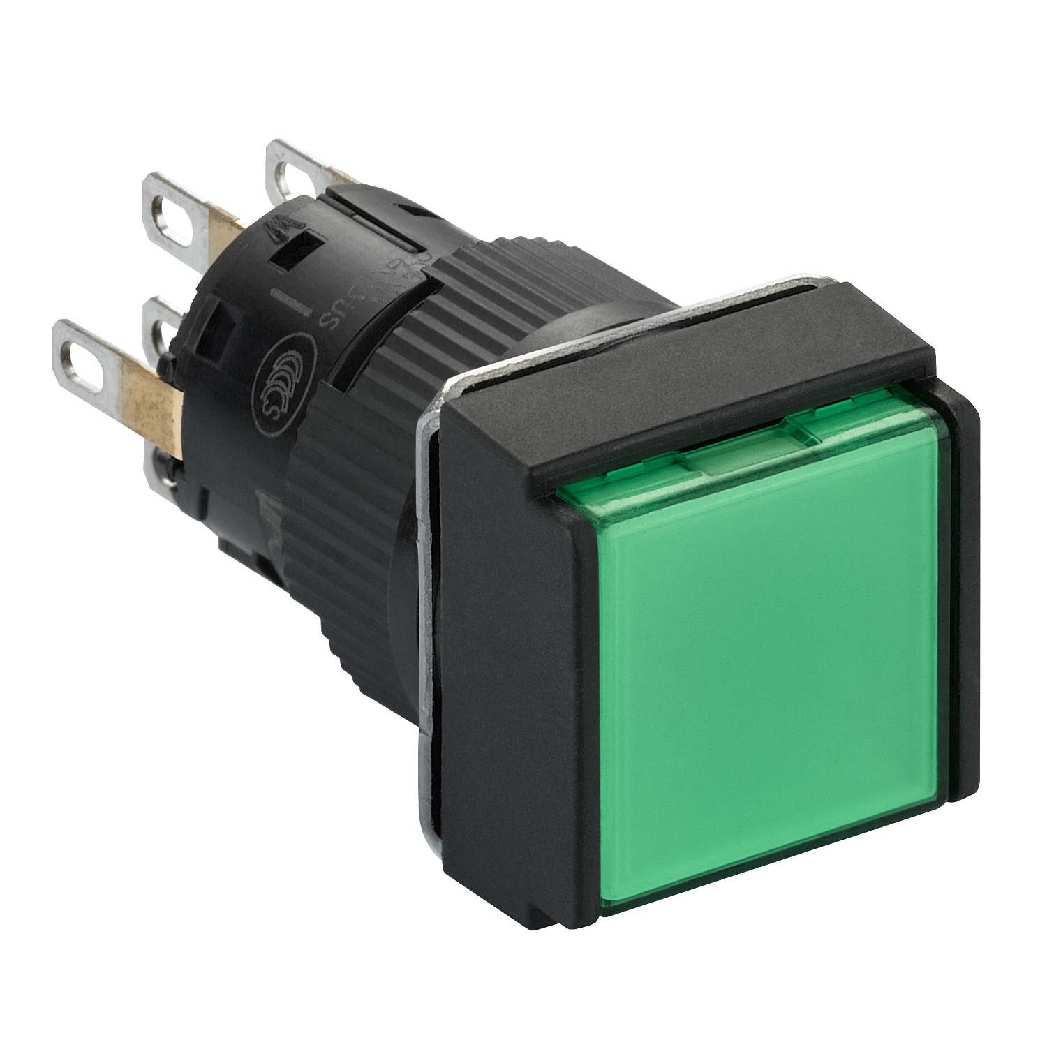 Ein grüner rechteckiger Druckknopf, montiert auf einem schwarzen Sockel, mit Metallanschlüssen zur elektrischen Verbindung.