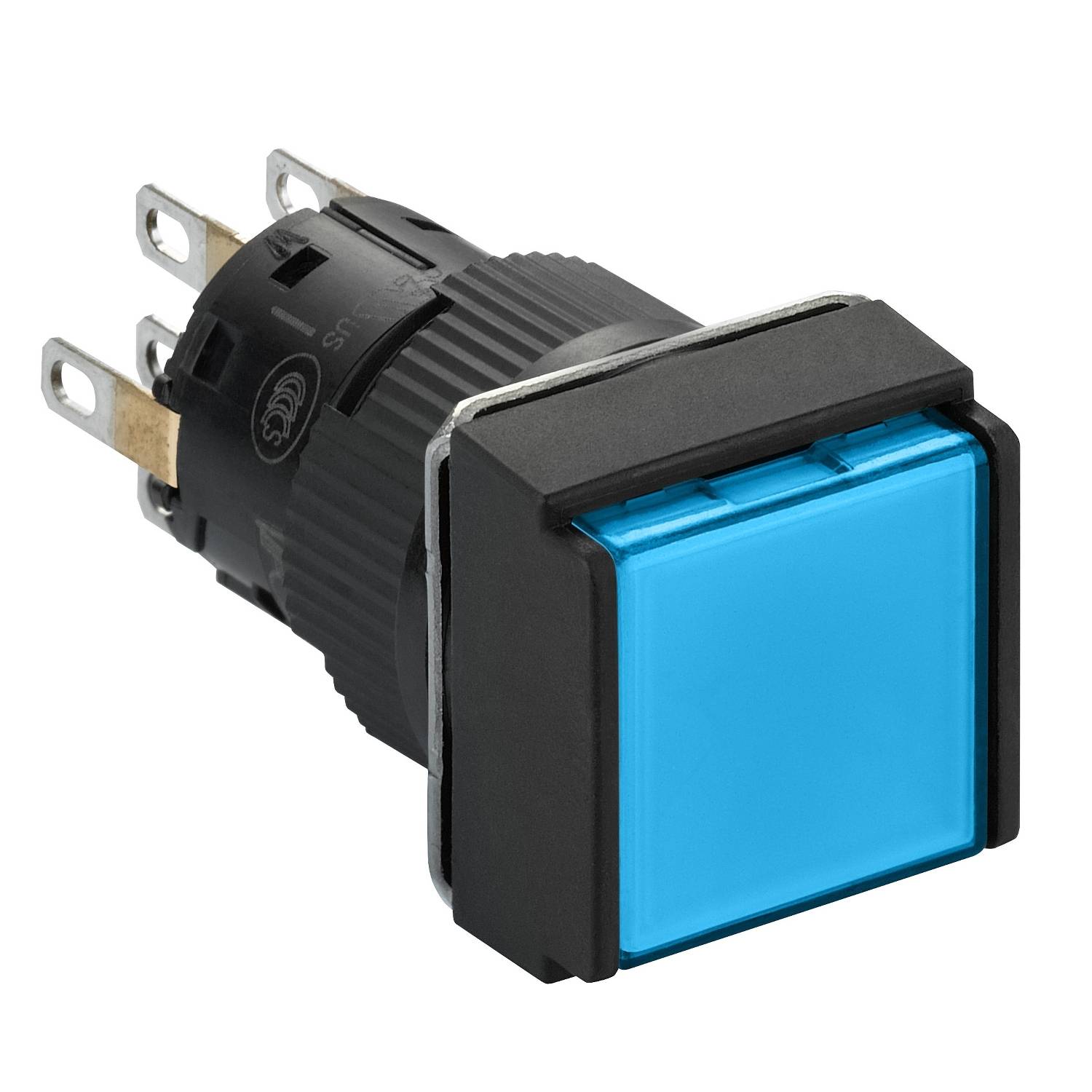 Ein blauer, quadratischer Drucktaster mit schwarzem Gehäuse und Metallanschlüssen, verwendet für elektronische Steuerungen.