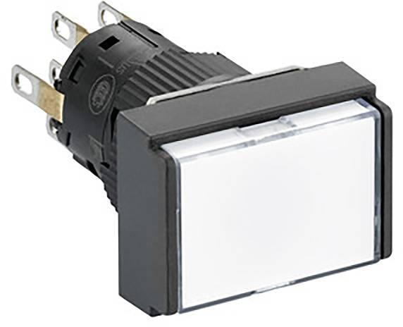 Rechteckiger Kippschalter mit weißer Frontplatte und mehreren Metallanschlüssen, wahrscheinlich für elektronische Geräte.