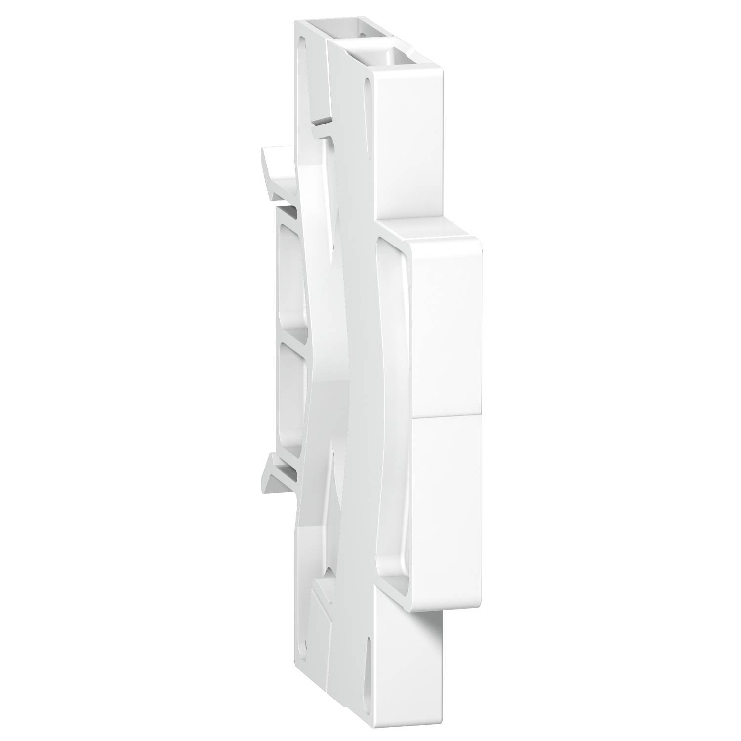 Ein weißes, rechteckiges, plastisches Bauelement mit mehreren Vertiefungen und Erhebungen.