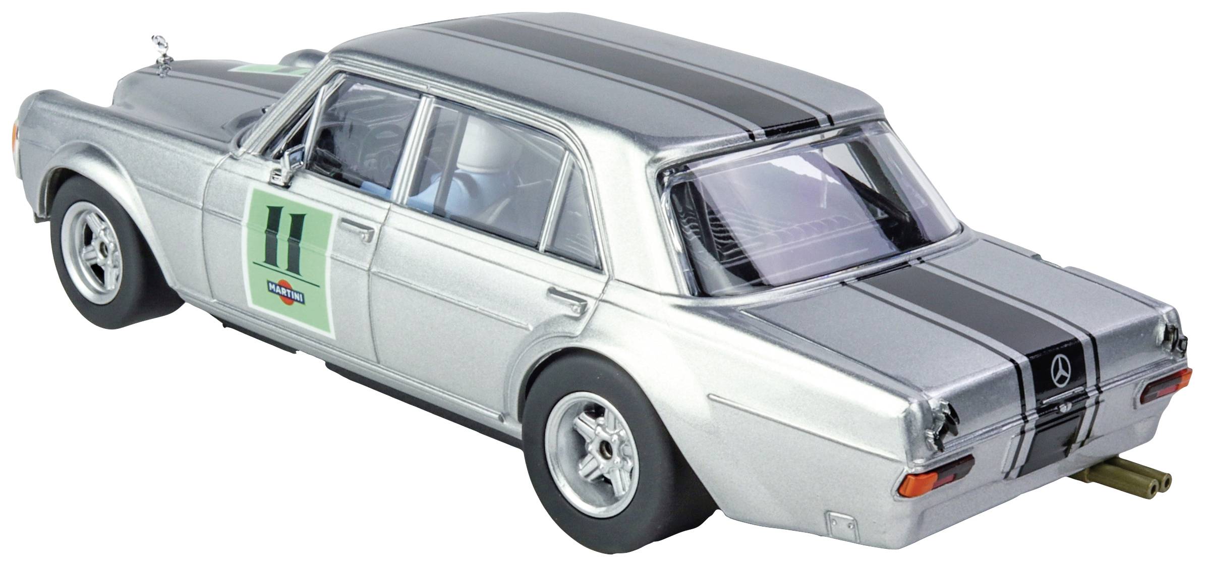 Silbernes Modellauto von Mercedes in Rennsportdesign mit Startnummer '11' an der Seite, schwarz gestreift.