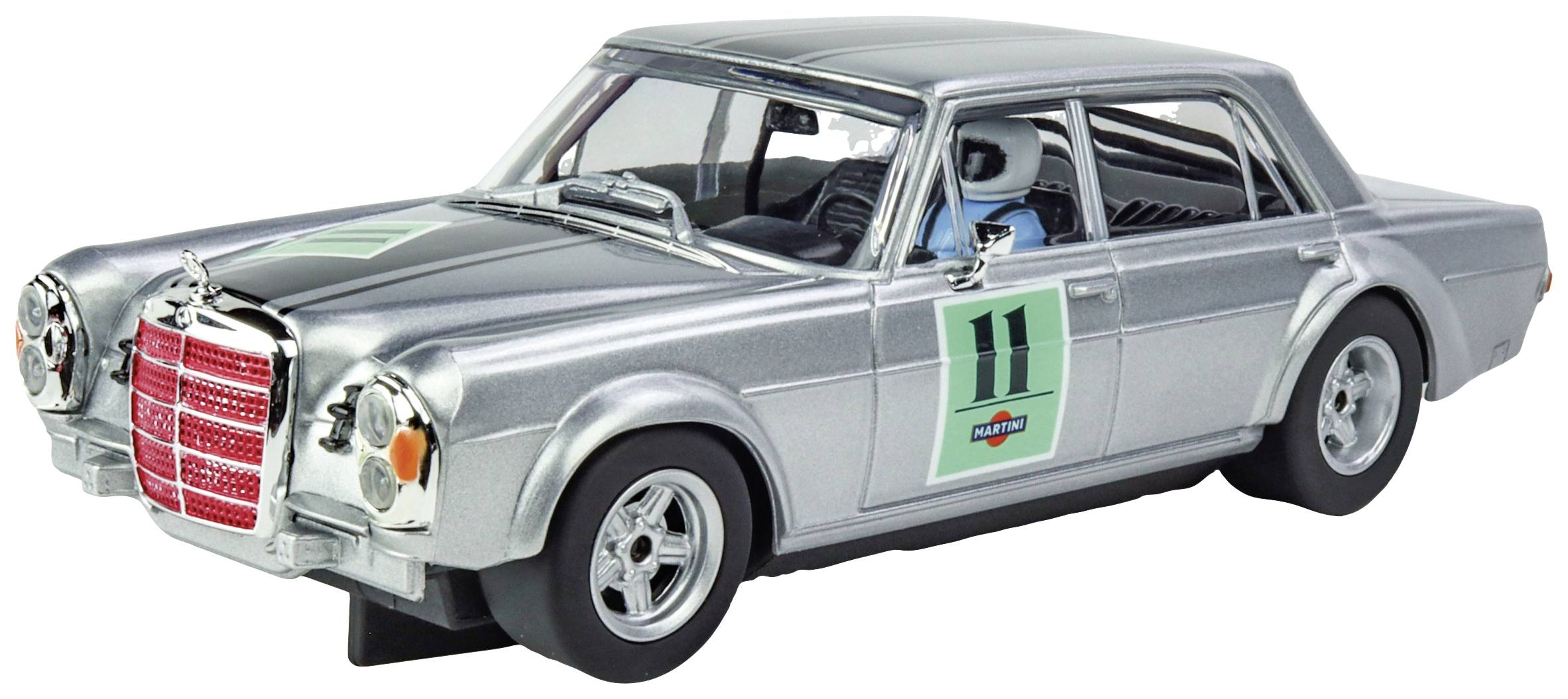 Silbernes Modellauto eines klassischen Rennwagens mit der Nummer 11 auf der Tür. Der Wagen hat einen detaillierten Innenraum.