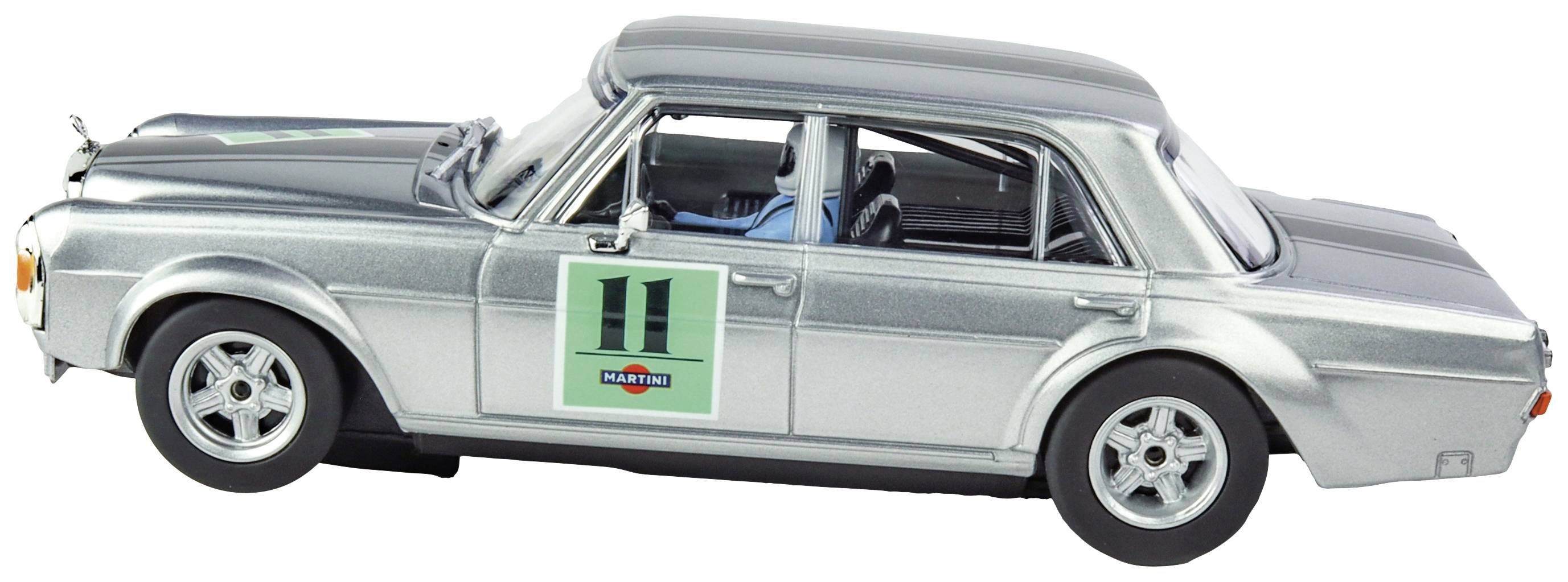 Silberner Spielzeug-Rennwagen im klassischen Design, mit Startnummer '11' auf der Tür. Der Wagen steht auf einer glatten Oberfläche.