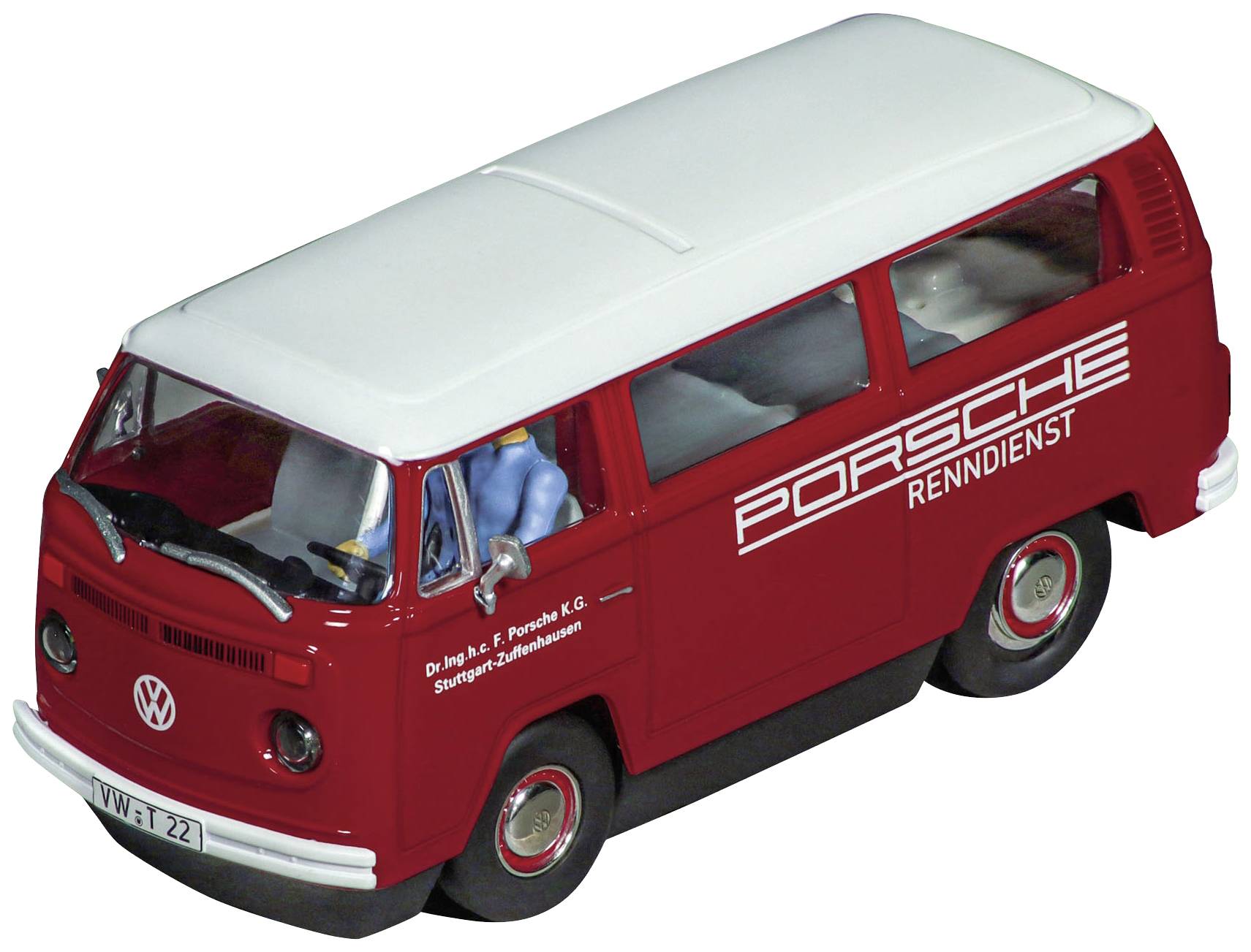 Ein roter Volkswagen T2 Kleinbus mit 'Porsche Renndienst' Aufschrift an der Seite. Das Modell ist im Maßstab 1:43.