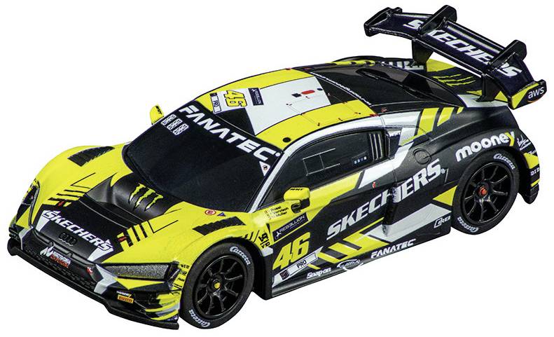 Gelbes und schwarzes Rennauto mit Logos und der Nummer 46 auf der Motorhaube.