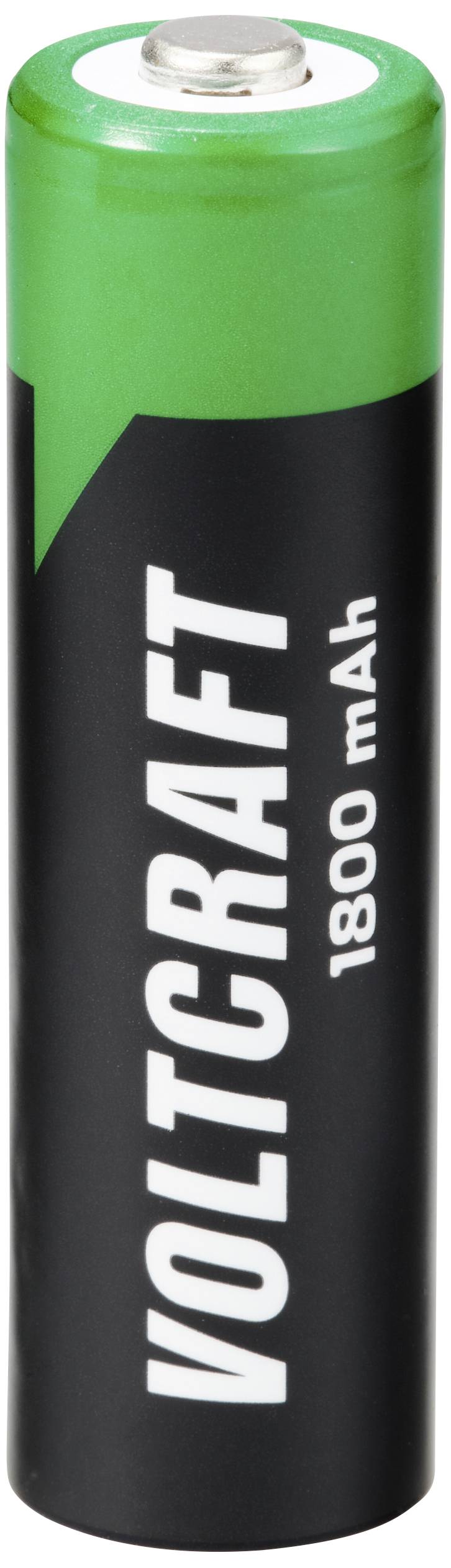 Eine schwarze Batterie mit grünem Kopf und der Aufschrift 'VOLTCRAFT 1800 mAh'.