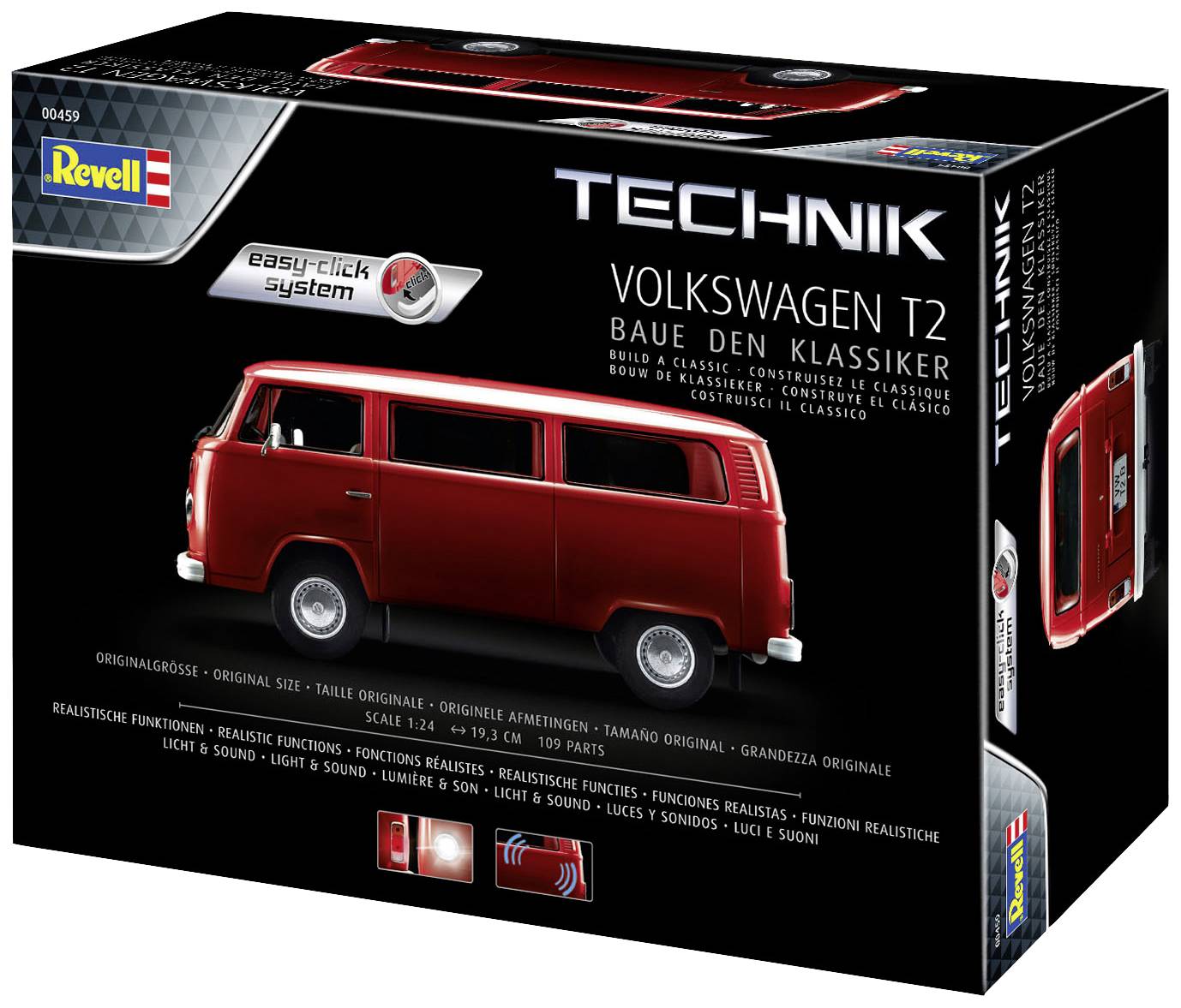 Revell Technik Volkswagen T2 Modellbaukasten, Maßstab 1:24, rotes Fahrzeug, einfache Klick-Technik, realistischer Motorensound.