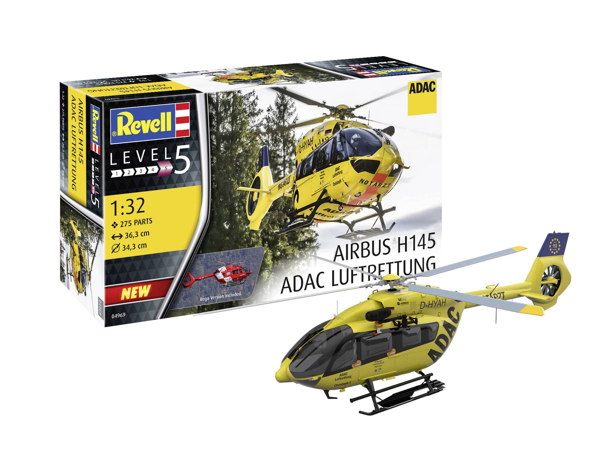 Modellbausatz eines gelben ADAC-Rettungshubschraubers 'Airbus H145'. Verpackung zeigt Bild des fertigen Modells.