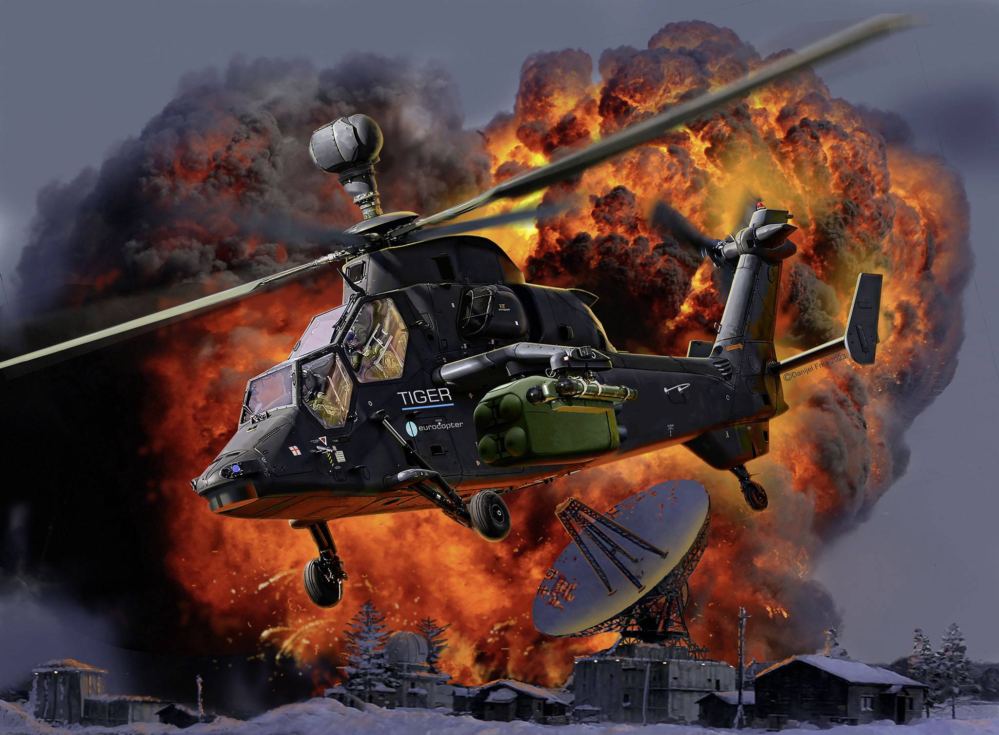 Ein Militärhubschrauber fliegt vor einer massiven Explosion am Himmel. Im Hintergrund sind brennende Gebäude und eine Satellitenschüssel.