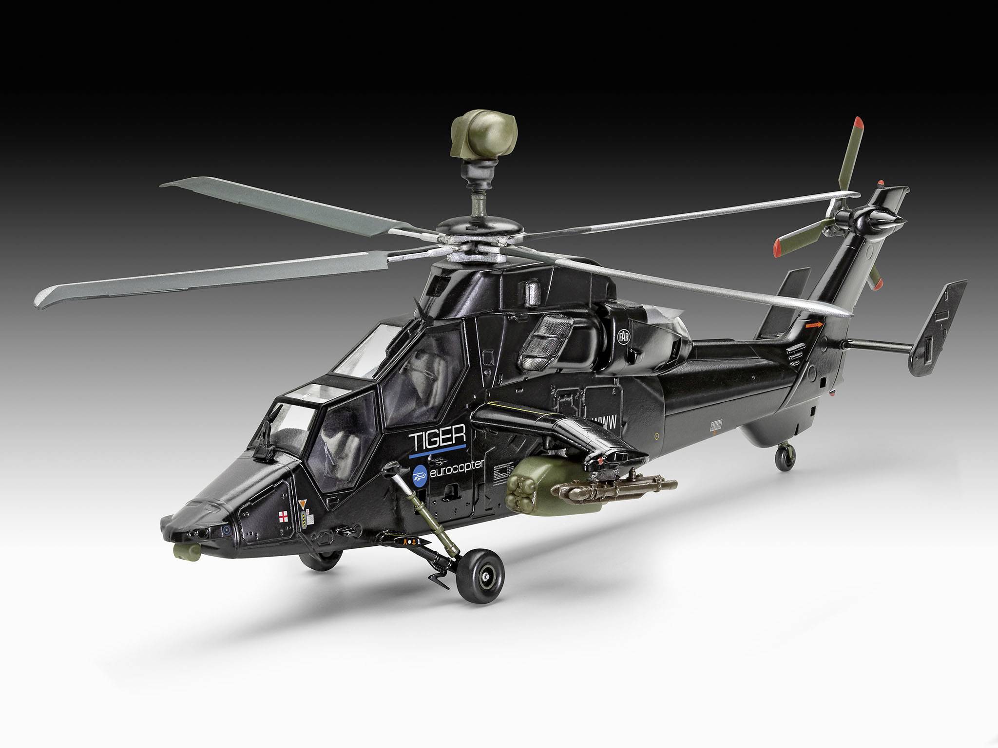 Ein schwarzer Kampfhubschrauber auf einem neutralen Hintergrund, mit vier Rotorblättern und einer Bewaffnung an der Seite.