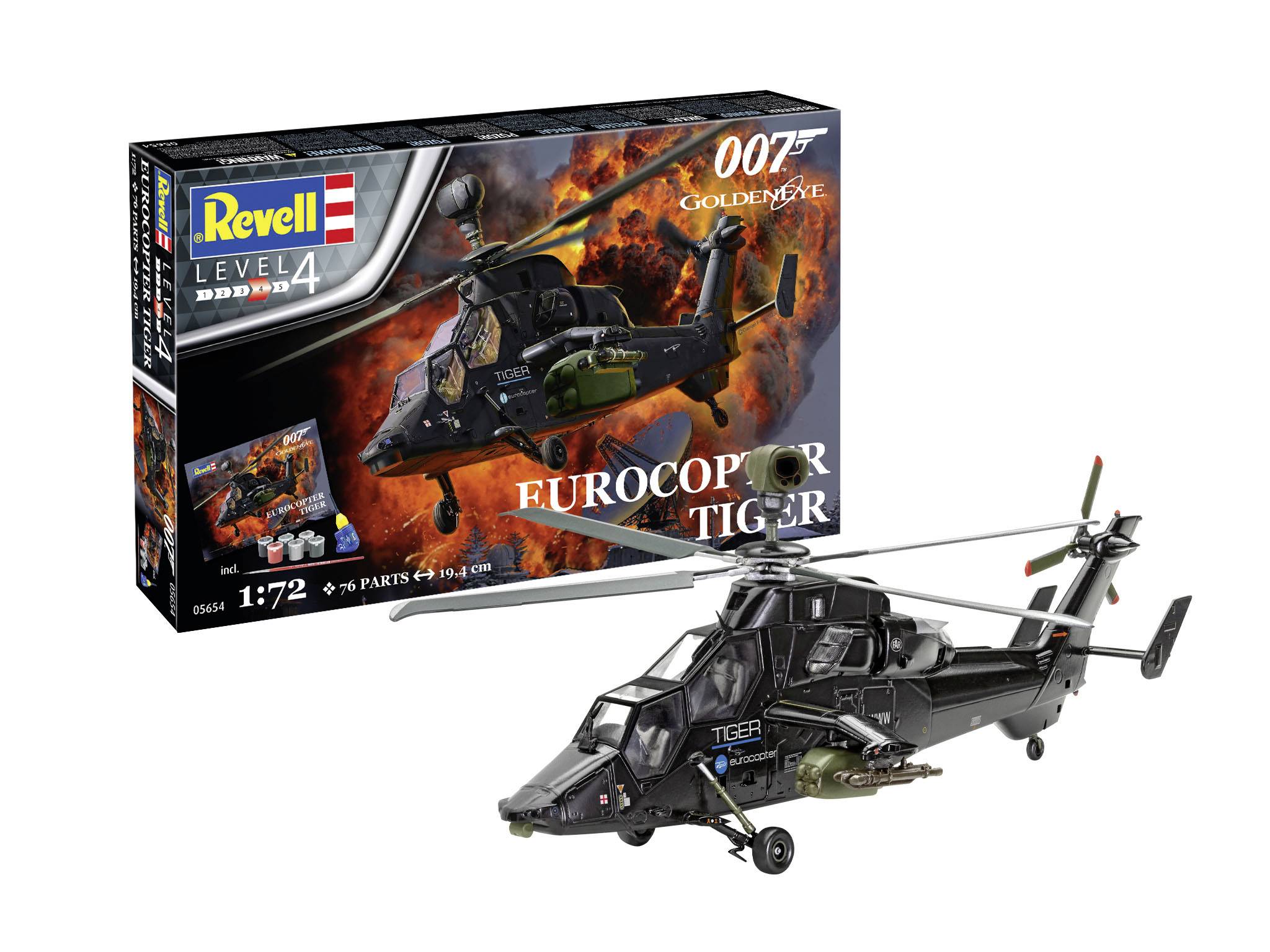 Modellbausatz des 'Eurocopter Tiger' im Maßstab 1:72 von Revell, inspiriert vom James-Bond-Film 'GoldenEye'. Enthält 95 Teile.