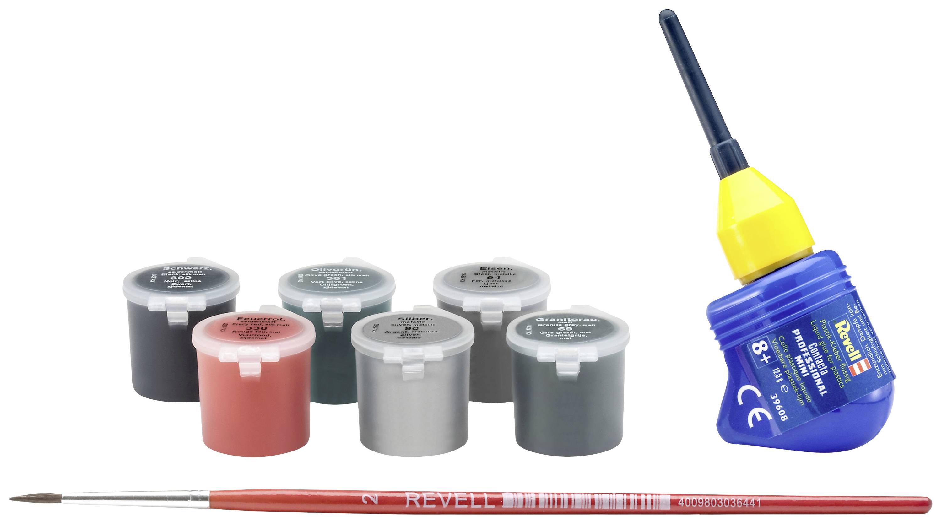 Ein Set aus sechs Töpfen Modellbaufarben in verschiedenen Farben, einem gelben Klebstoffbehälter und einem feinen Pinsel.