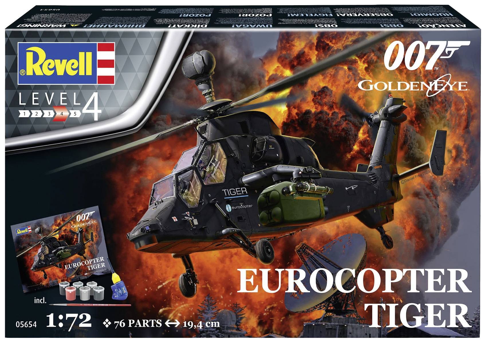 Bausatz für Eurocopter Tiger im Maßstab 1:72 aus dem Film 'GoldenEye'. Enthält 76 Teile und Farbtöpfe. Verpackung zeigt Hubschrauber und Explosion.