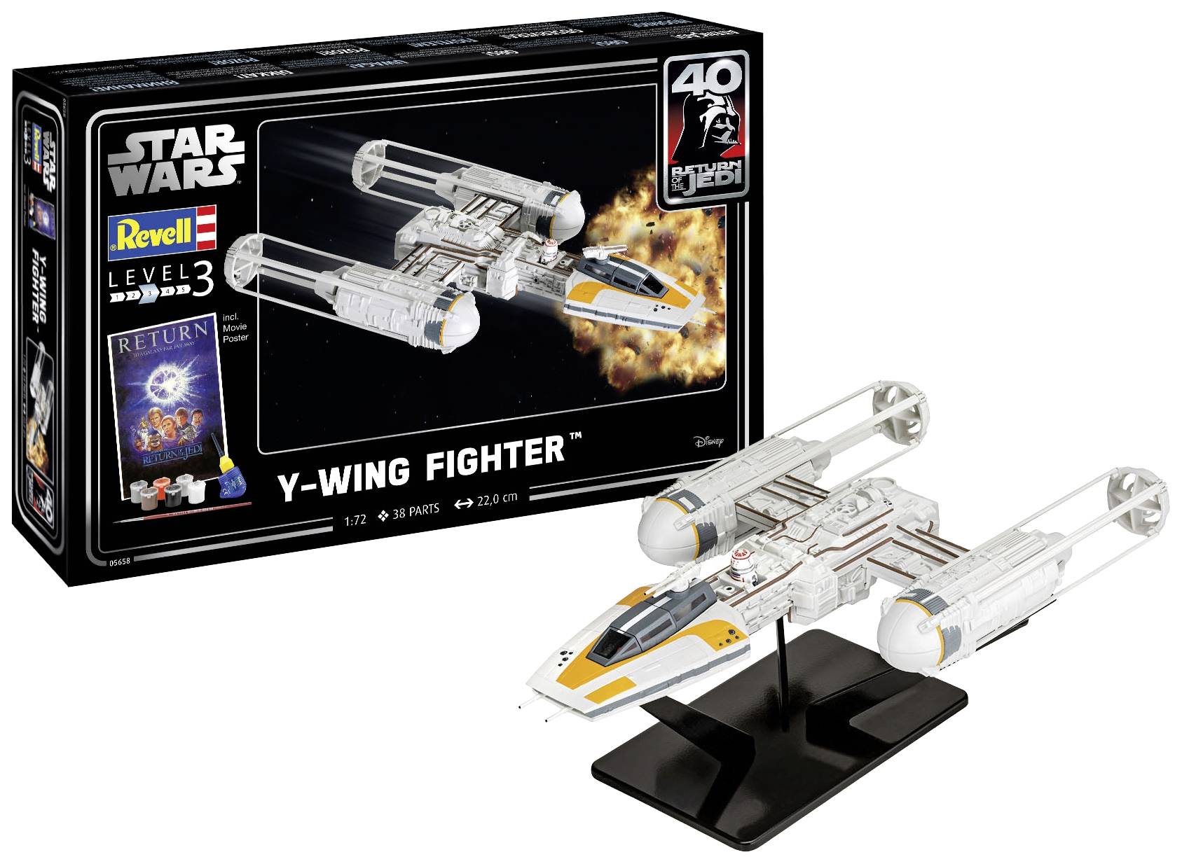 Modellbausatz des 'Star Wars Y-Wing Fighters' von Revell. Die Verpackung zeigt das Raumschiff im Weltraum mit explodierendem Hintergrund.