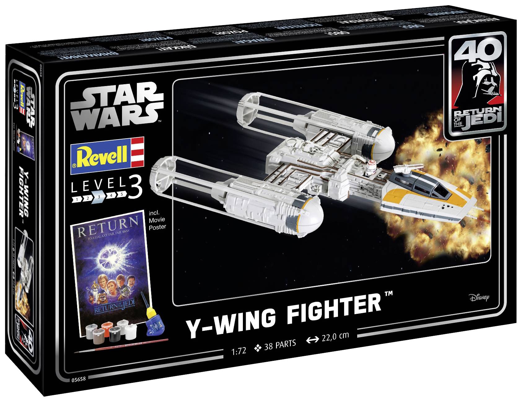 Lego-Set des 'Y-Wing Fighters' von Star Wars, Level 3 Schwierigkeitsgrad, mit 38 Teilen. Verpackung zeigt Raumschiff in Weltraumszene.