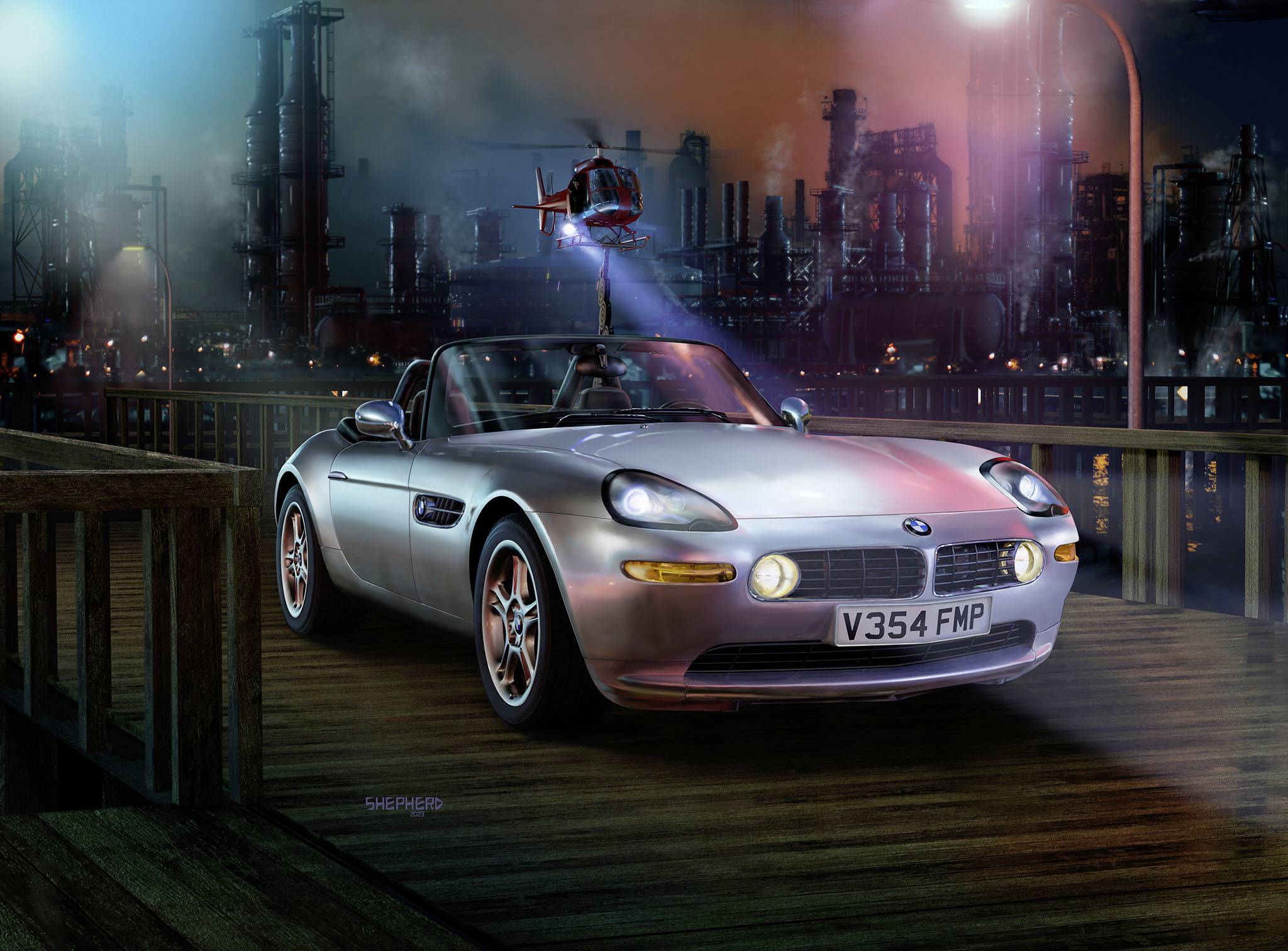 Silberner Sportwagen mit geöffnetem Verdeck steht auf einer Holzbrücke, nachts beleuchtet, im Hintergrund eine industrielle Skyline.