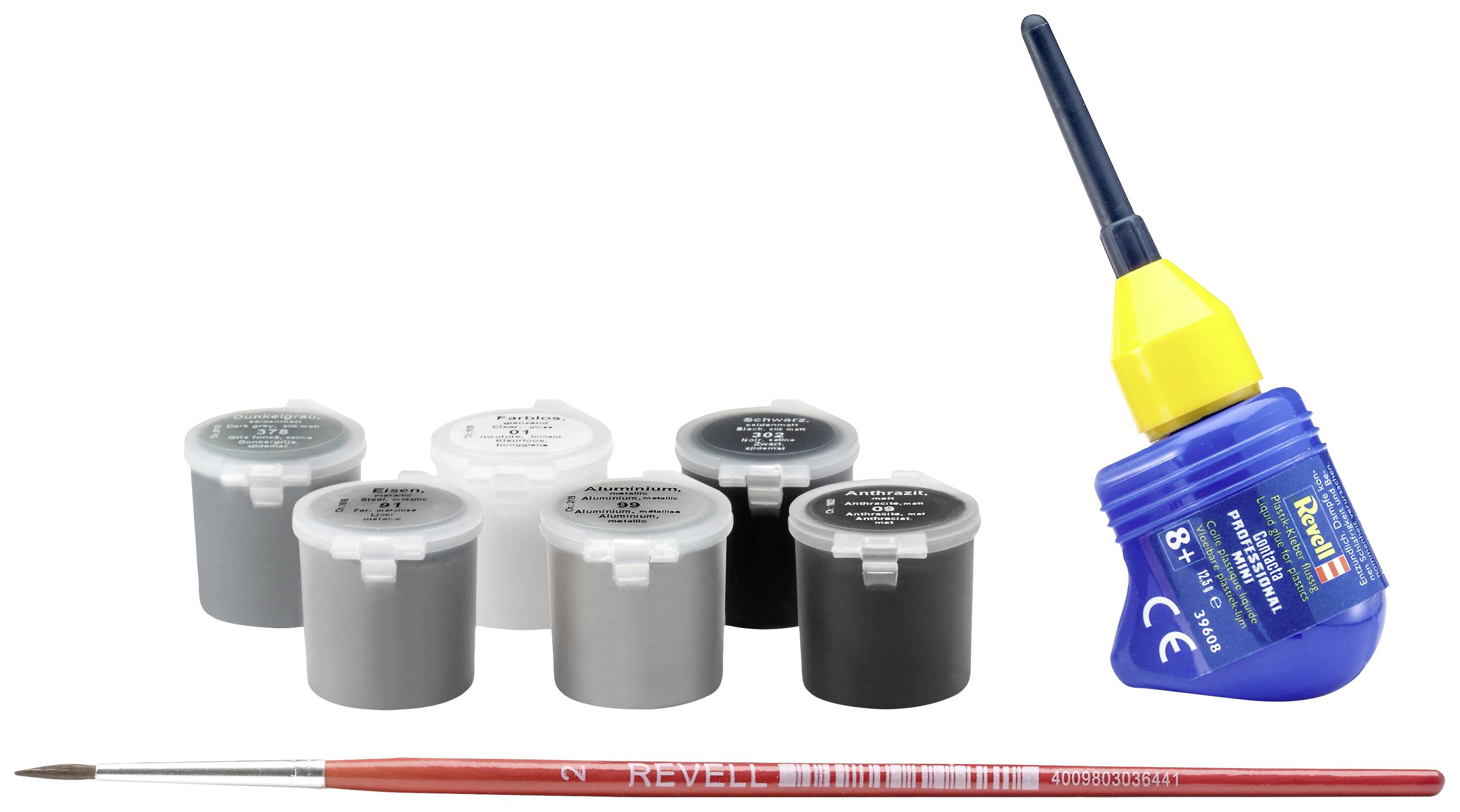 Pinsel, schwarze und graue Farbtöpfchen und blauer Kleber für Modellbauarbeiten.