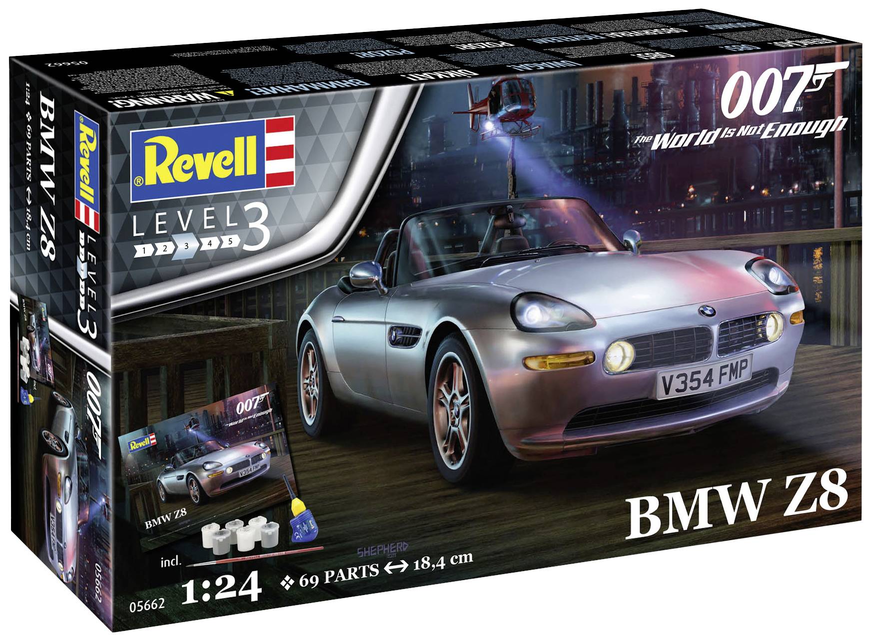 Modellbausatz von Revell für einen BMW Z8 aus 'James Bond: Die Welt ist nicht genug'. Maßstab 1:24, Level 3, 69 Teile.
