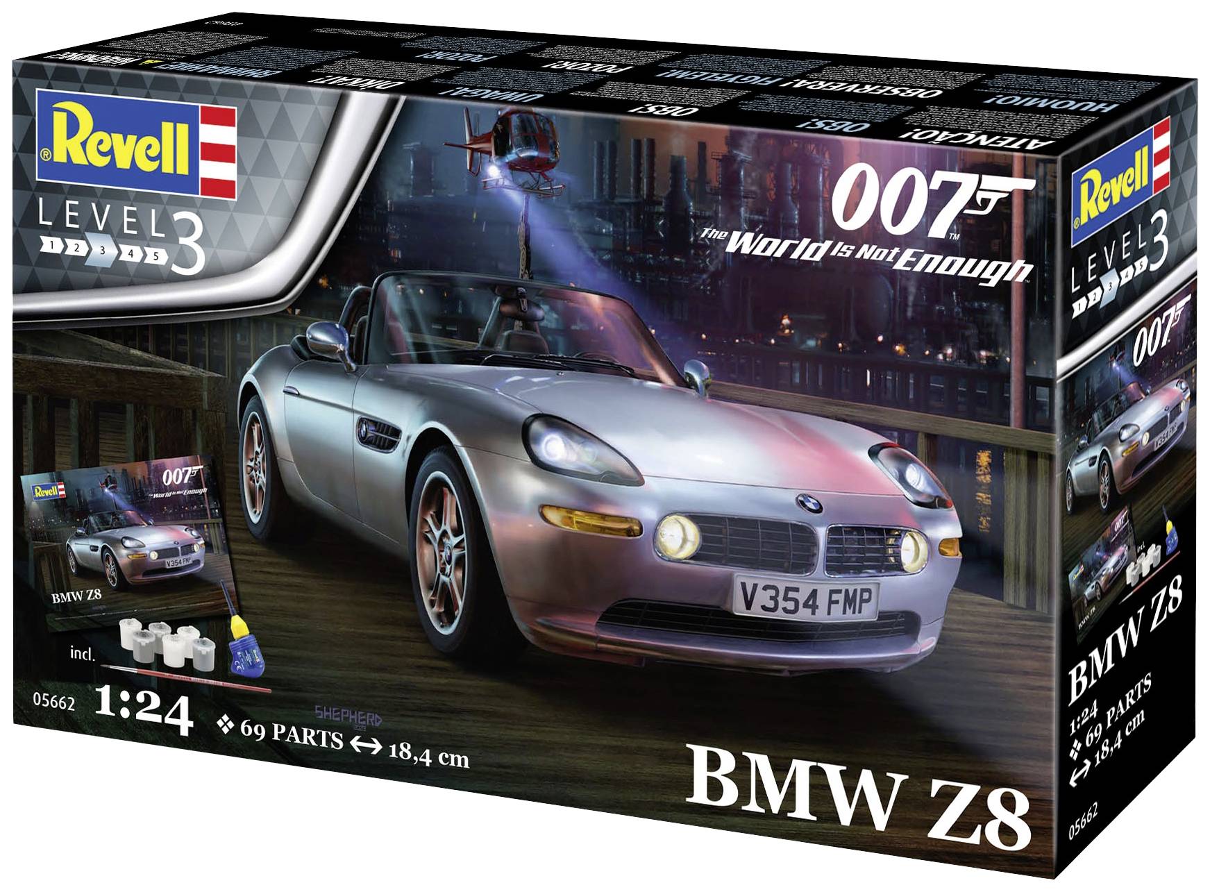 Verpackung eines Modellbausatzes, BMW Z8, Maßstab 1:24, 69 Teile, inspiriert vom Film 'James Bond - Die Welt ist nicht genug'.
