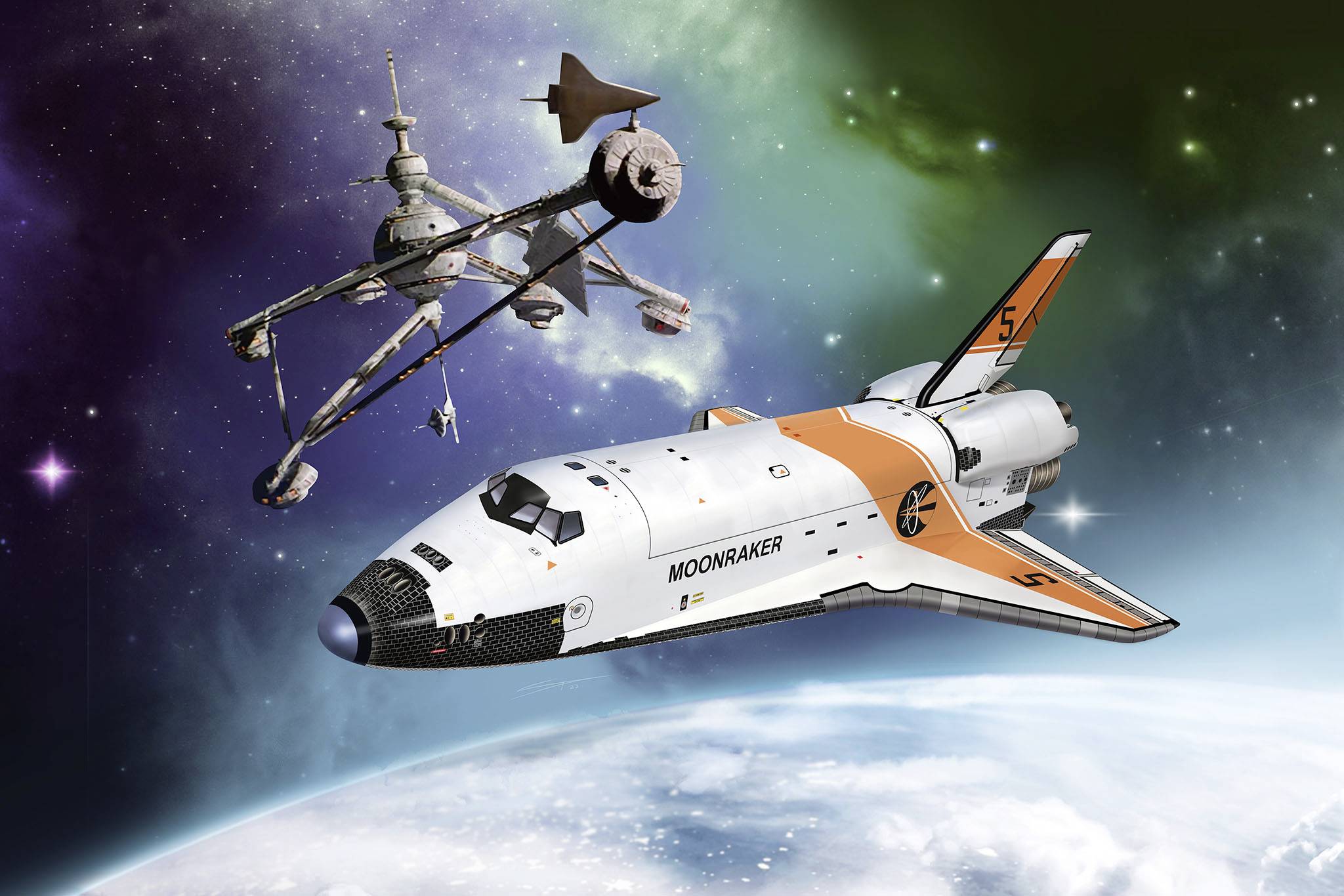 Ein Space Shuttle mit der Aufschrift 'MOONRAKER' fliegt vor einem Weltraumhintergrund mit einem anderen Raumschiff und Planeten im Hintergrund.