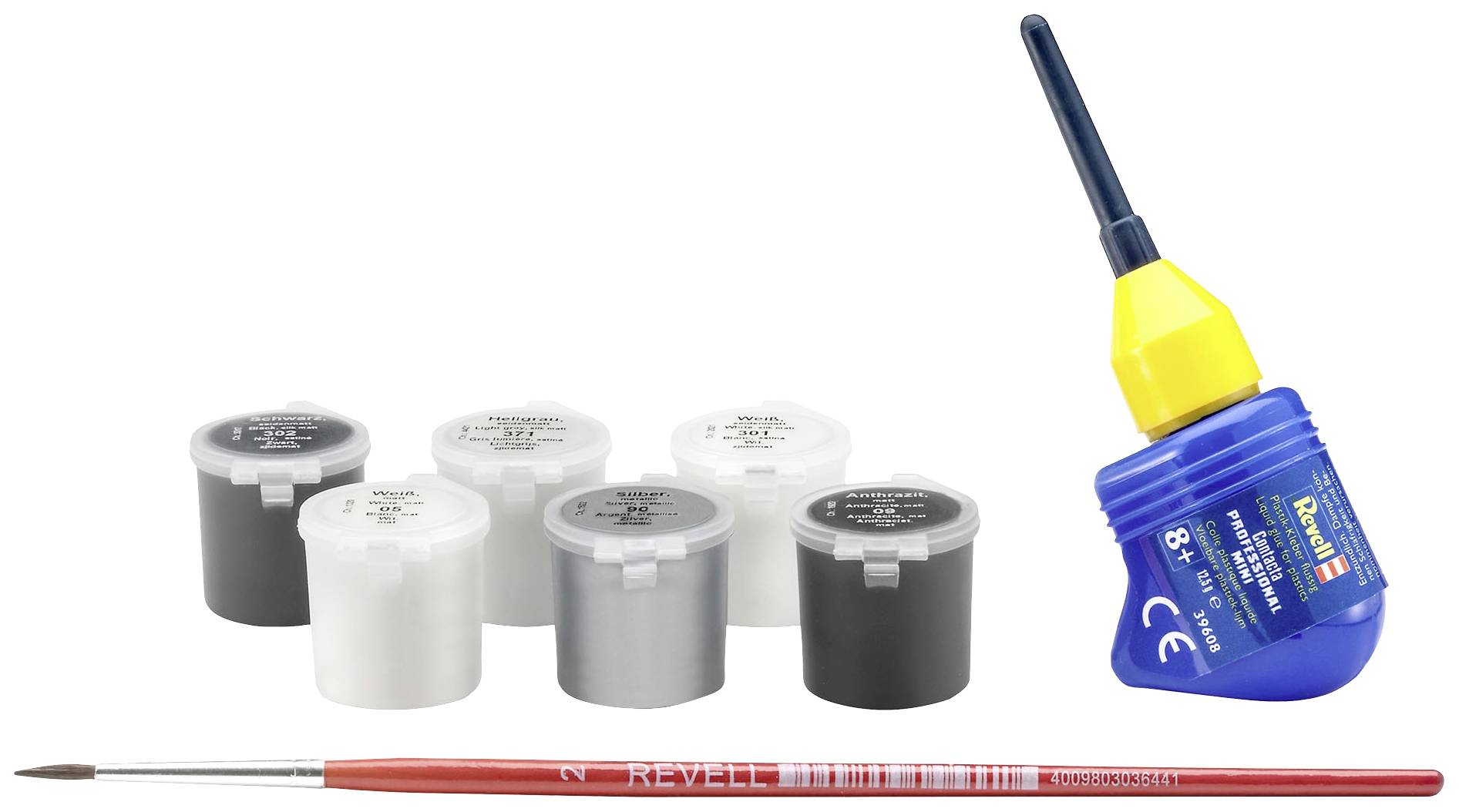 Pinsel, mehrere kleine Farbdosen in Grautönen und eine blaue Tube Klebstoff auf weißem Hintergrund. Geeignet für Modellbauprojekte.