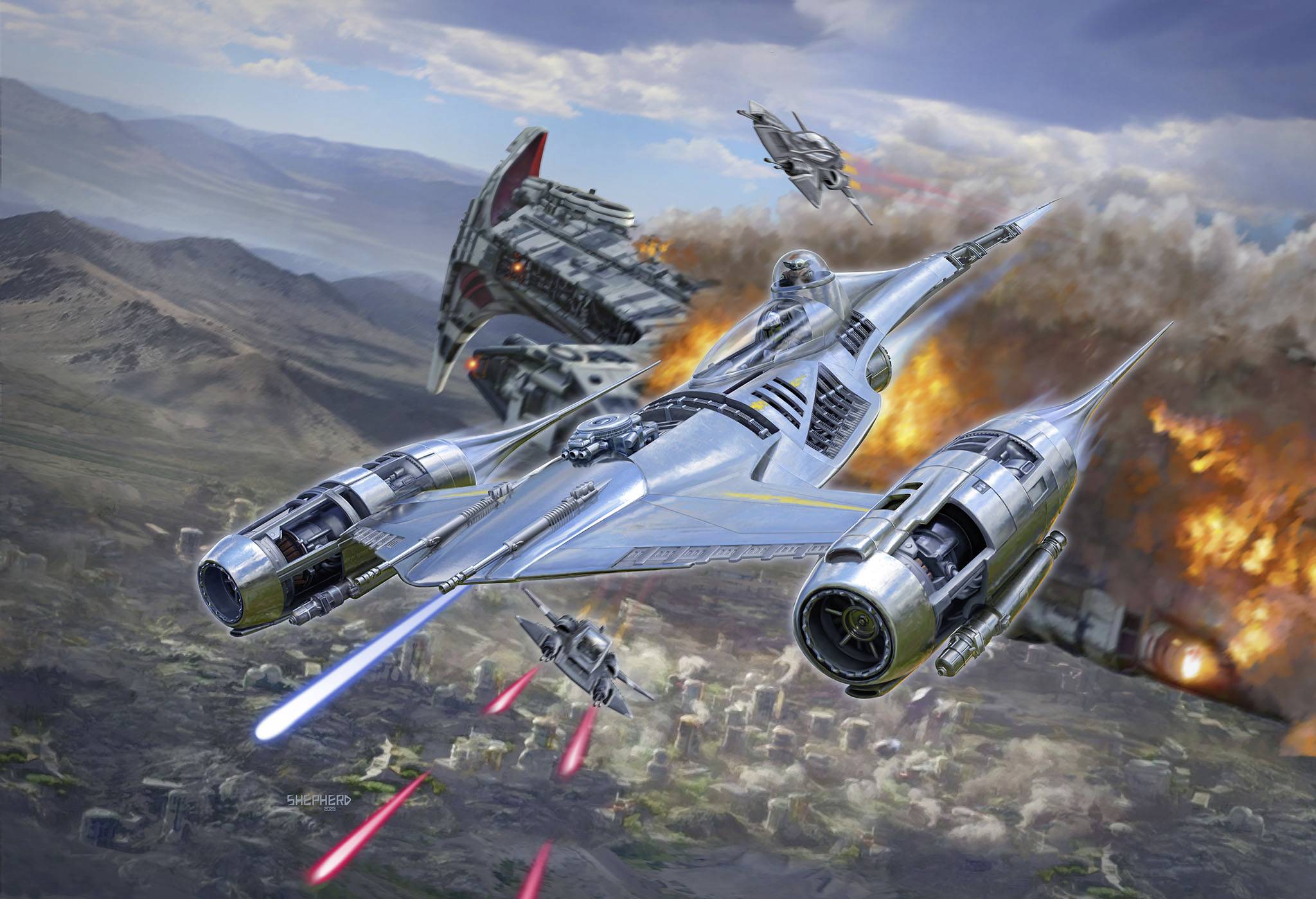 Futuristisches Raumschiff fliegt über eine Landschaft, verfolgt von weiteren Schiffen. Im Hintergrund explodiert ein großes Raumschiff.