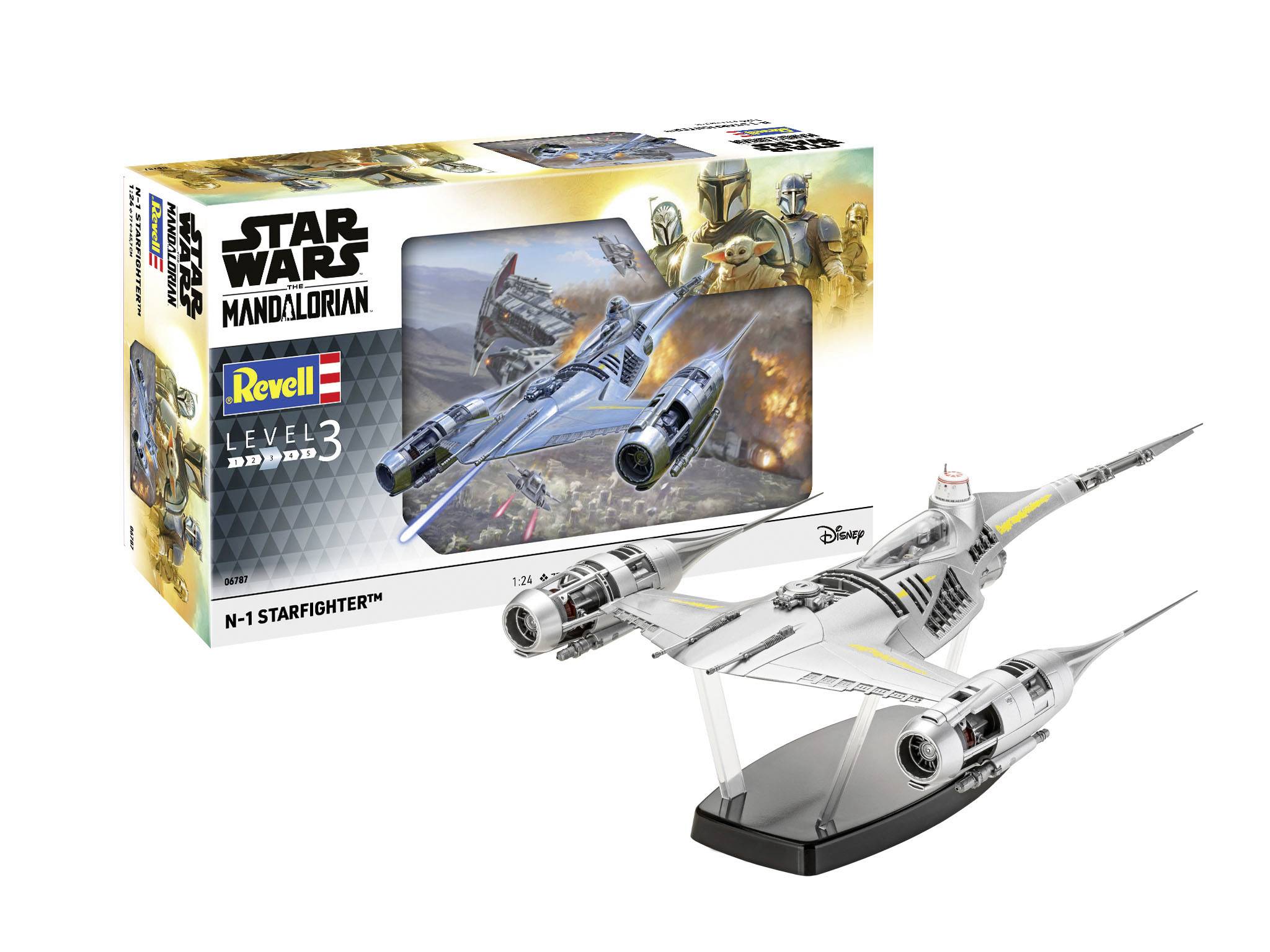 Verpackung und Modell des Revell 'Star Wars Mandalorian N-1 Starfighter' auf einem Display. Enthält Bauteile für Level 3.