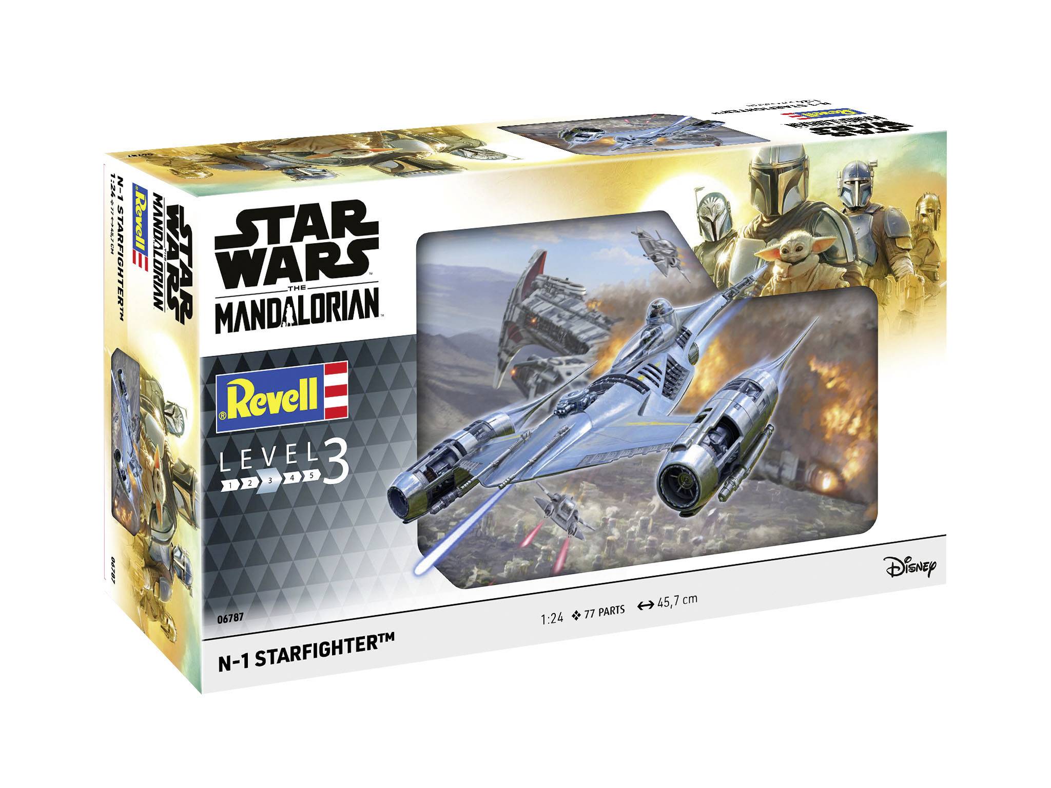 'Revell Star Wars: Mandalorian N-1 Starfighter' Modellbausatz in Verpackung, zeigt Raumschiff-Illustration und Charaktere auf der Box.