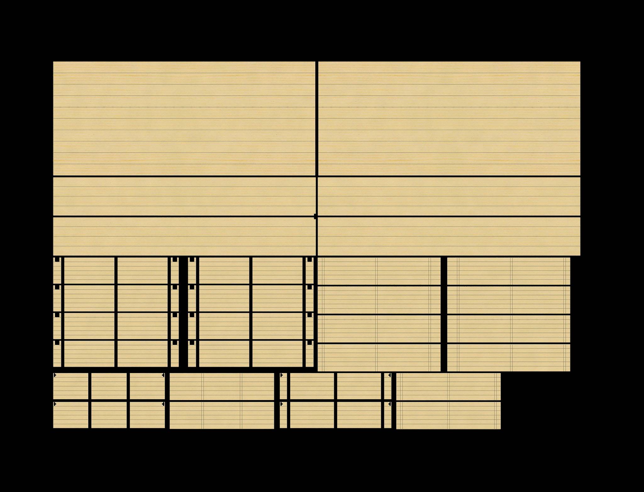 Ein Tisch mit verschiedenen Holzplanken in unterschiedlichen Größen, die symmetrisch nebeneinander angeordnet sind.