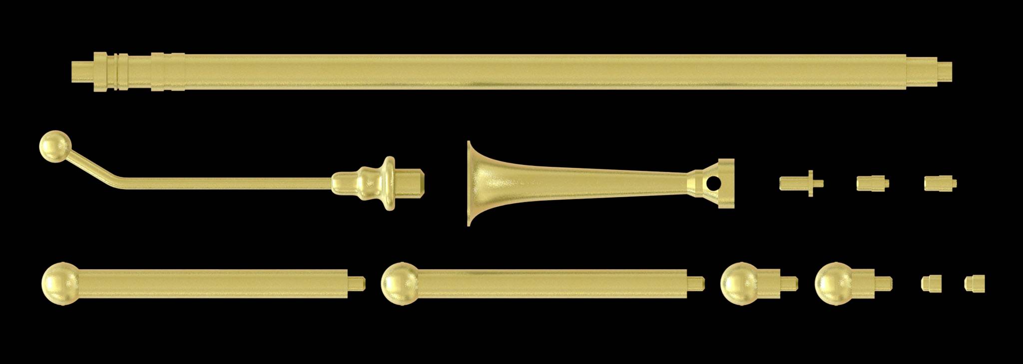 Goldene Trompete, in Einzelteilen dargestellt, auf schwarzem Hintergrund. Oben der lange Tubus, mittig das Mundstück und Ventile unten.