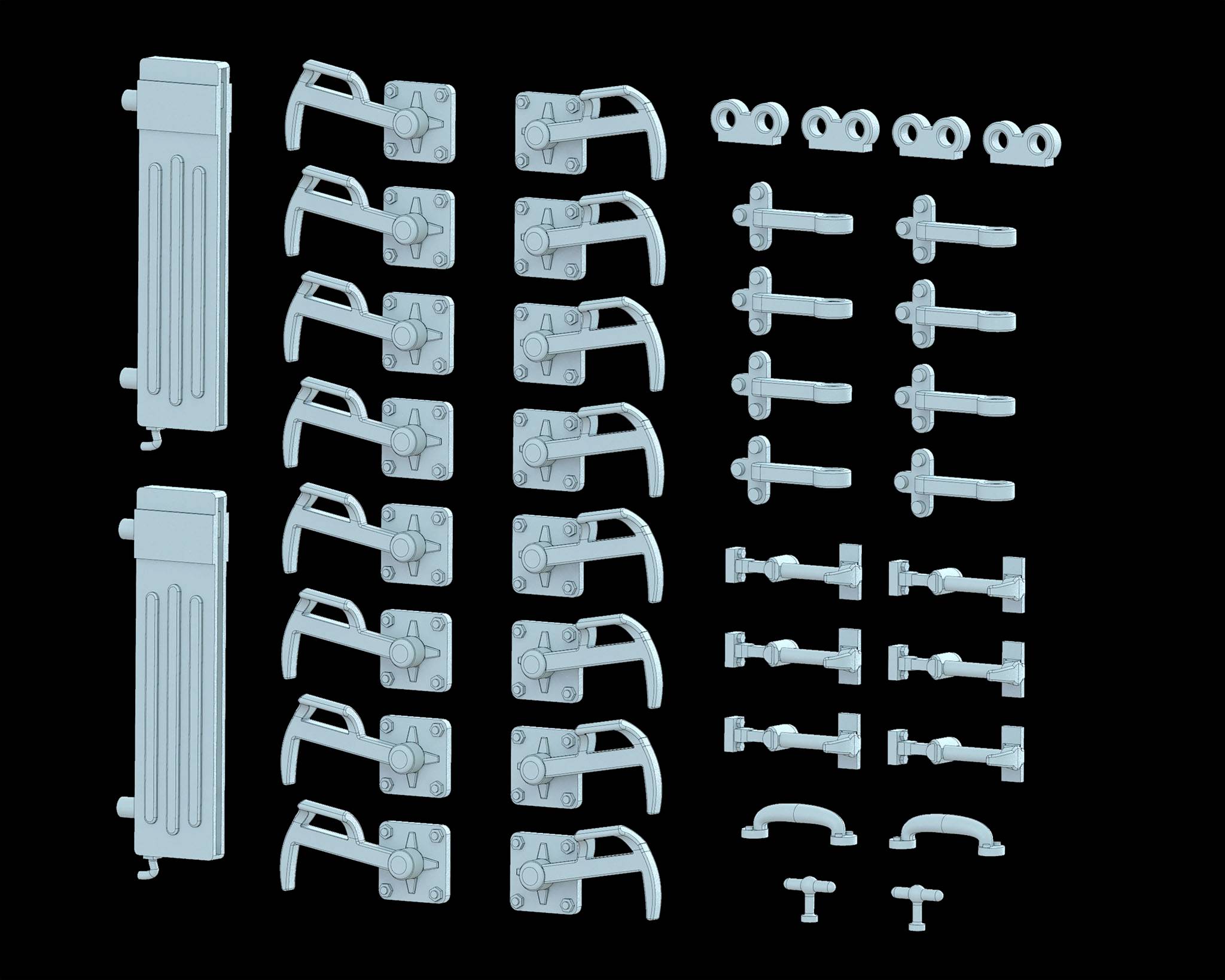 Blaue Kunststoffteile auf schwarzem Hintergrund, in symmetrischen Reihen angeordnet. Verschiedene Formen und Größen sichtbar.