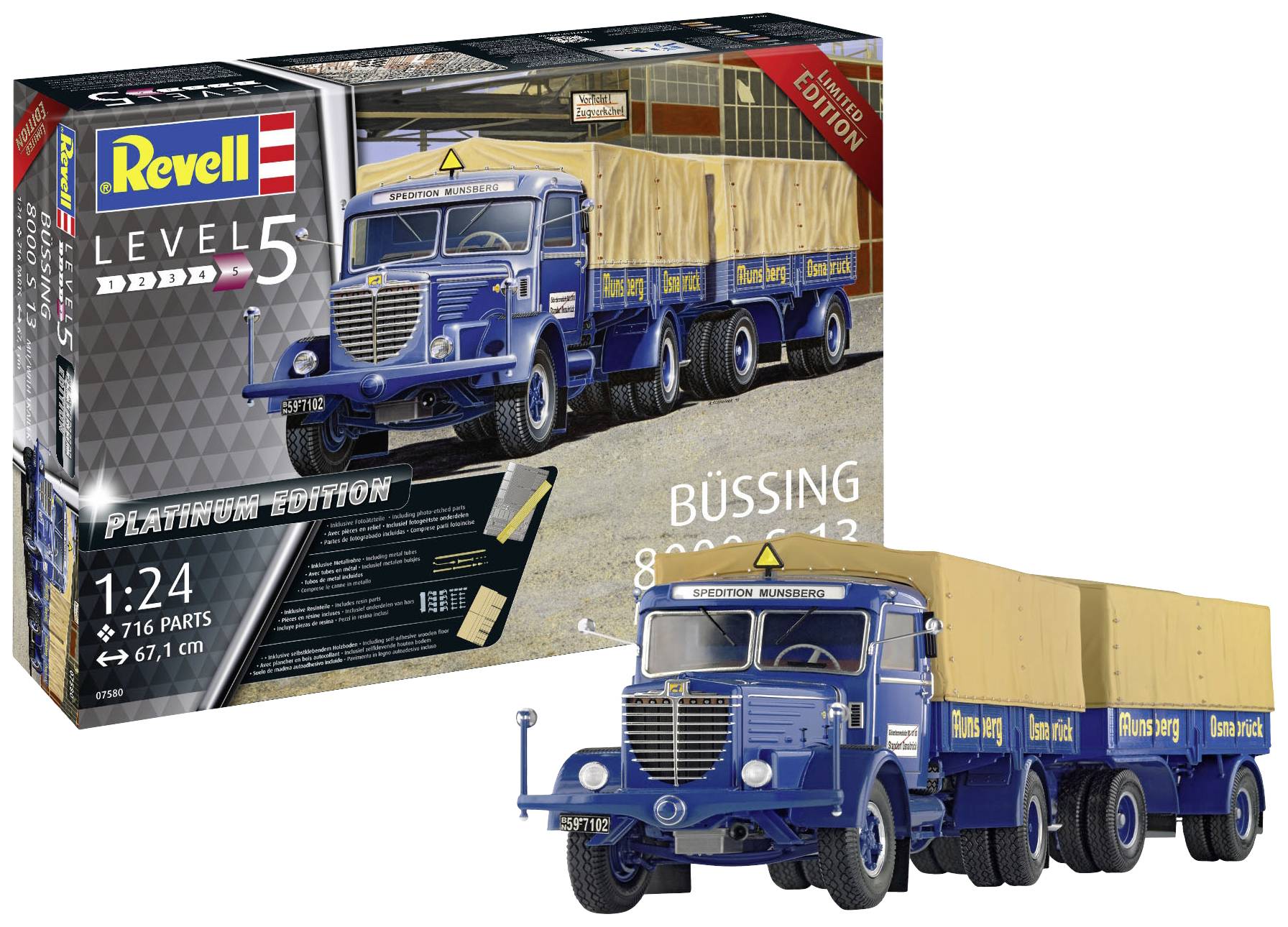Bausatz für einen 'Büssing 8000 S 13'-LKW im Maßstab 1:24 von Revell, Level 5, mit 716 Teilen. Fertiges Modell ist 67,1 cm lang.