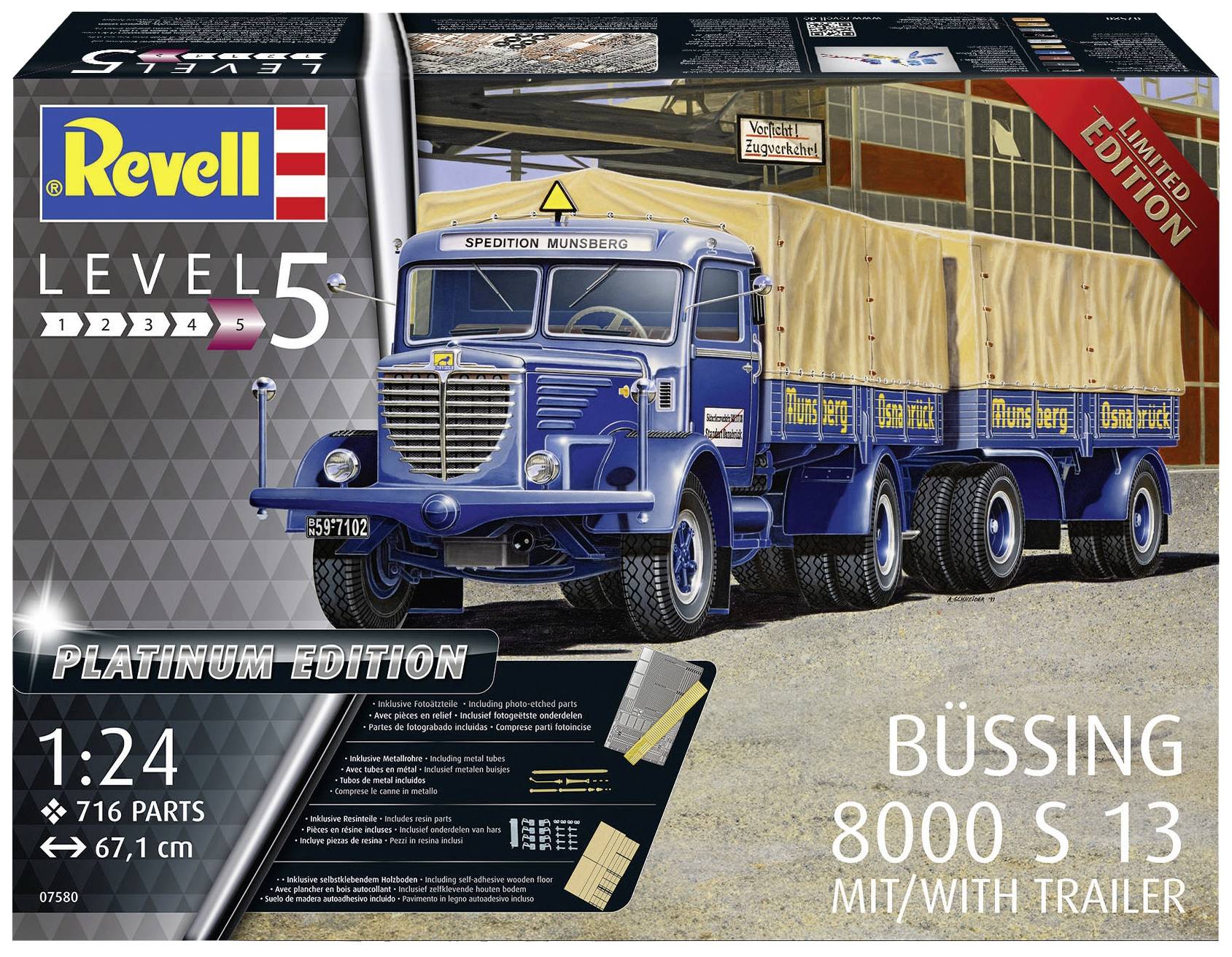 Ein Modellbausatz von Revell: Büssing 8000 S13 mit Anhänger, Maßstab 1:24, Platinum Edition, 716 Teile, 67,1 cm lang.