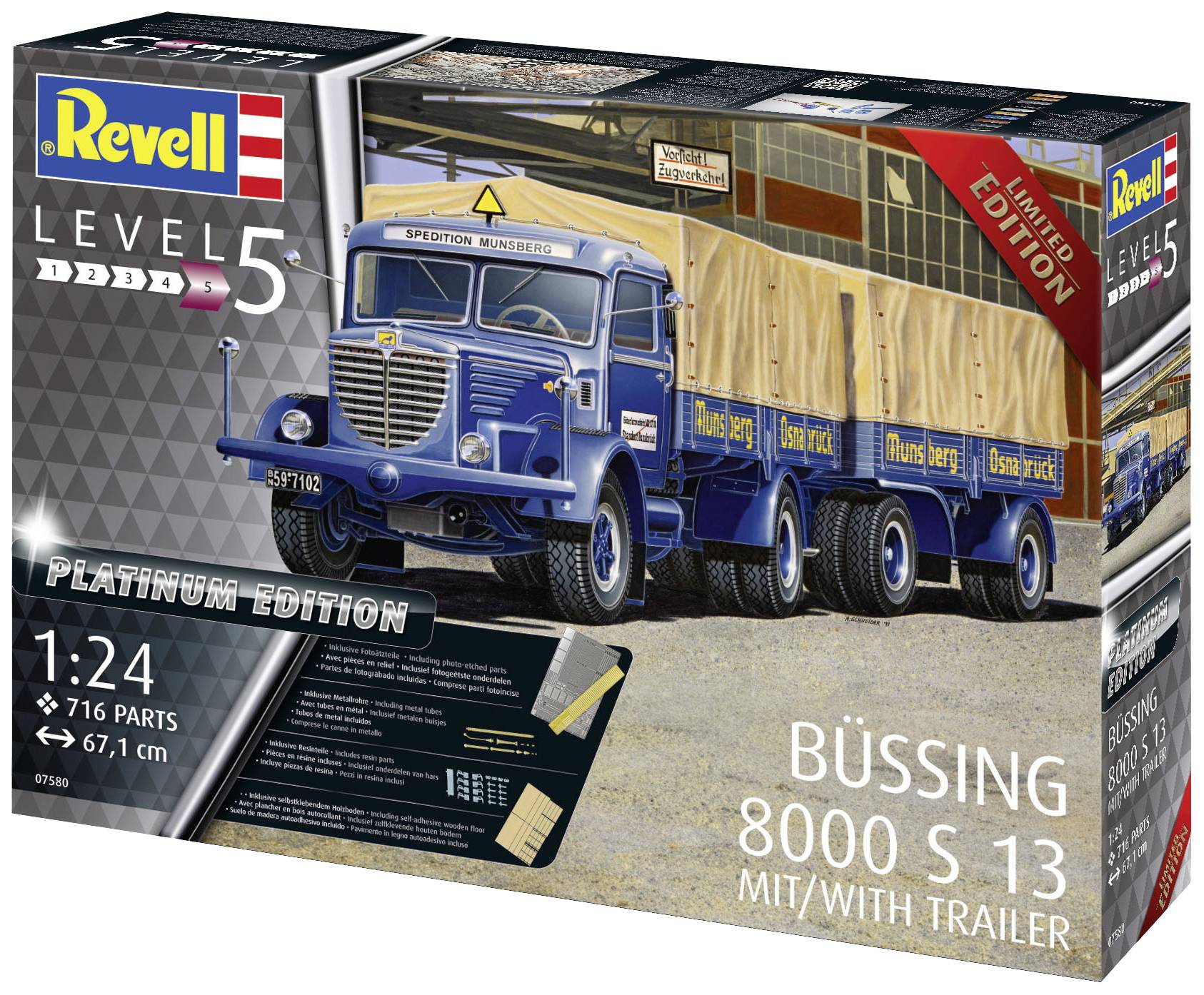 Bausatz-Verpackung des Revell Modell-Lkws 'Büssing 8000 S 13' mit Anhänger in 1:24 Maßstab. Enthält 716 Teile.