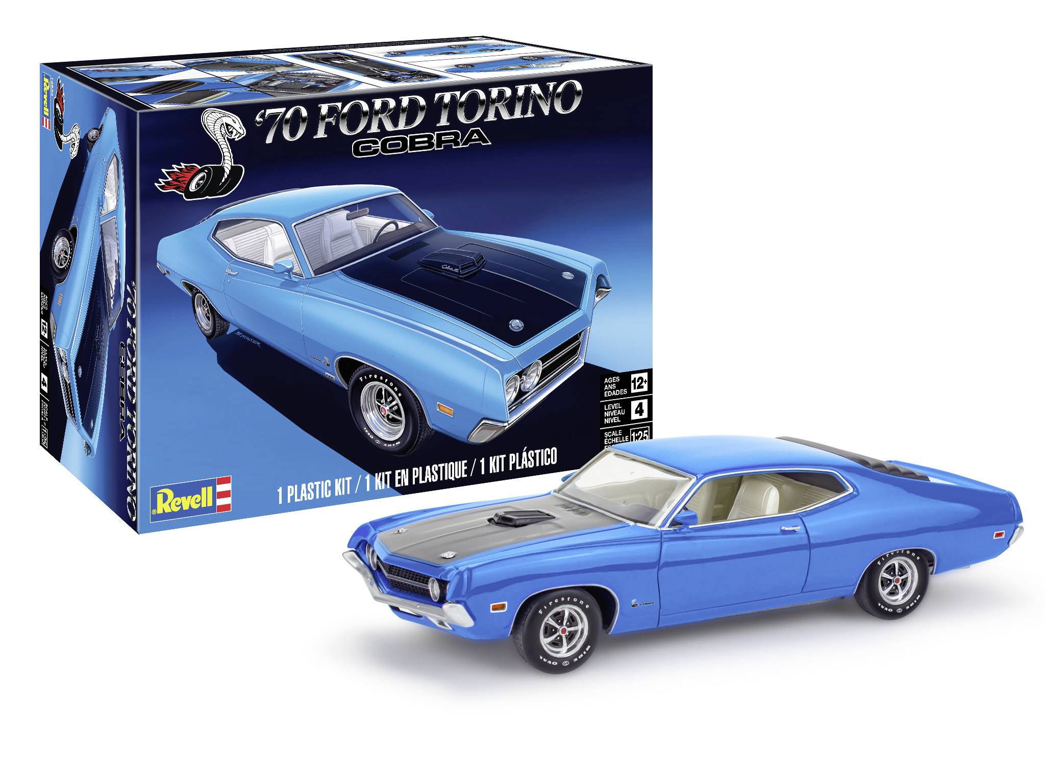 Ein blauer Modellbausatz des '70 Ford Torino Cobra' von Revell, mit der Abbildung des Autos auf der Verpackung.