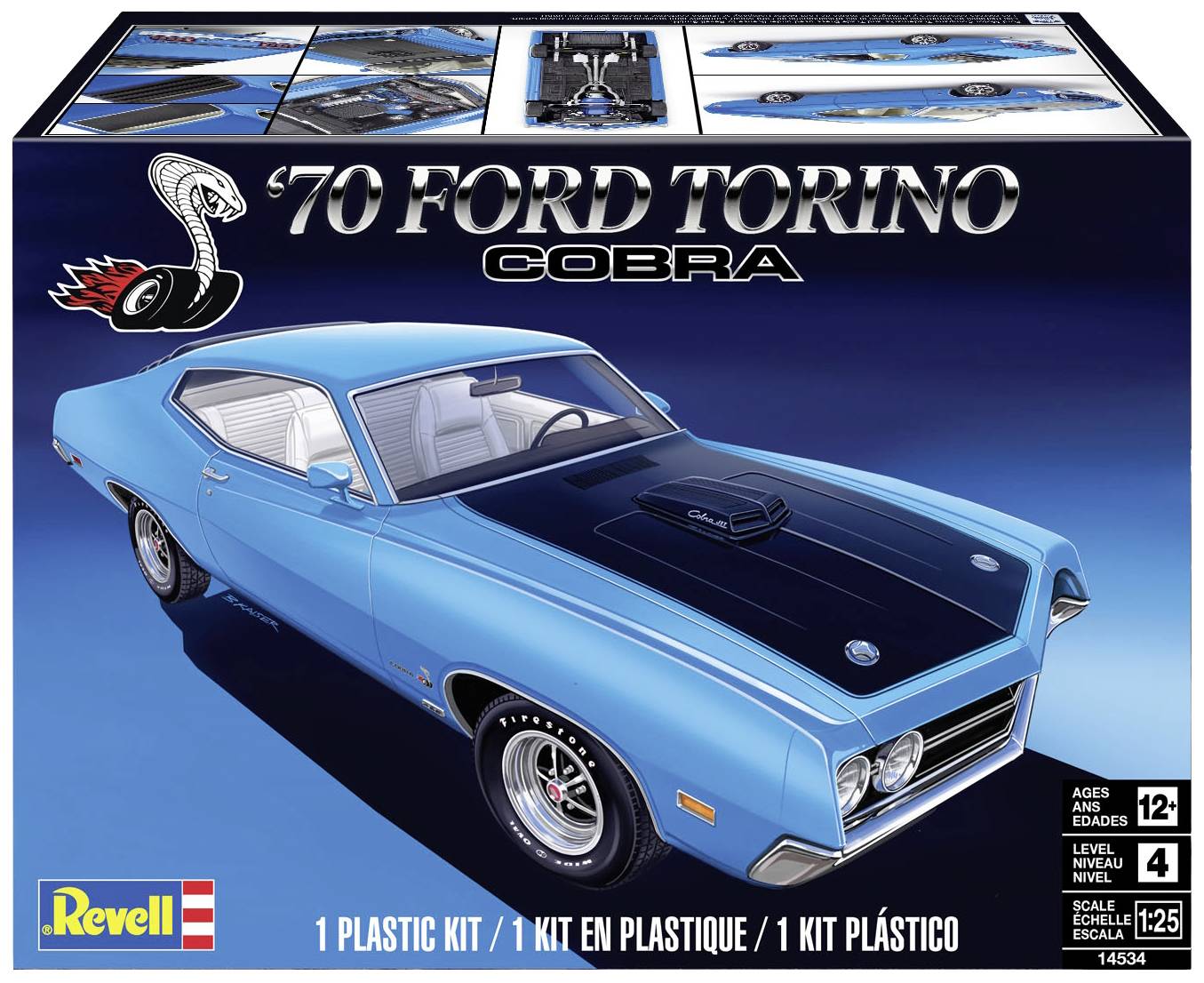 Blauer '70 Ford Torino Cobra Modellauto-Kit von Revell, Maßstab 1:25, empfohlen ab 12 Jahren. Enthält Plastikbausatzteile.