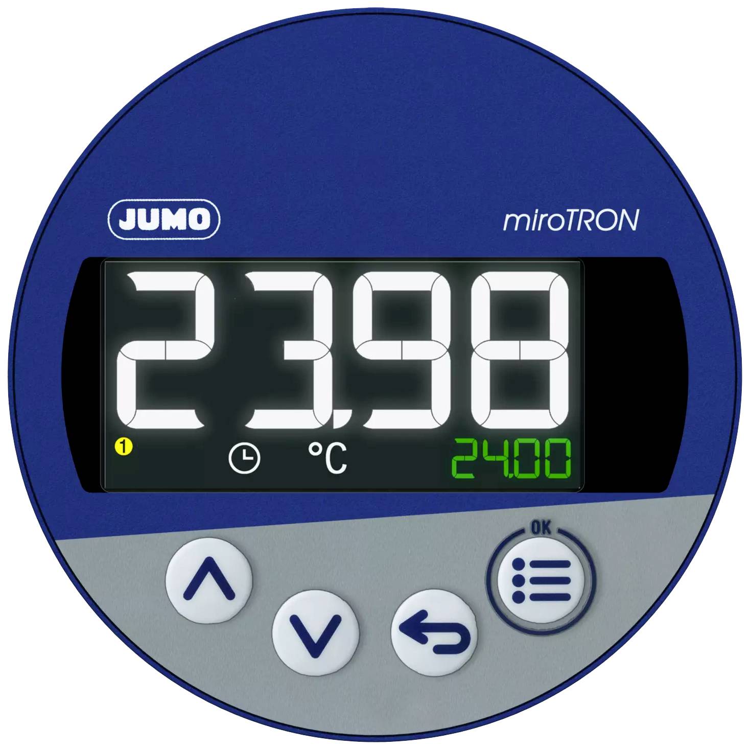 Digitalanzeige eines Thermostats zeigt 23,98 Grad Celsius. Drei Symbole darunter: Pfeil nach oben, Pfeil nach unten, Okay-Symbol.