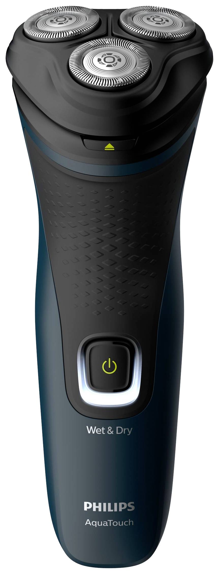 Elektrischer Rasierer mit drei rotierenden Scherköpfen, geeignet für Nass- und Trockenrasur. Modell: Philips AquaTouch.