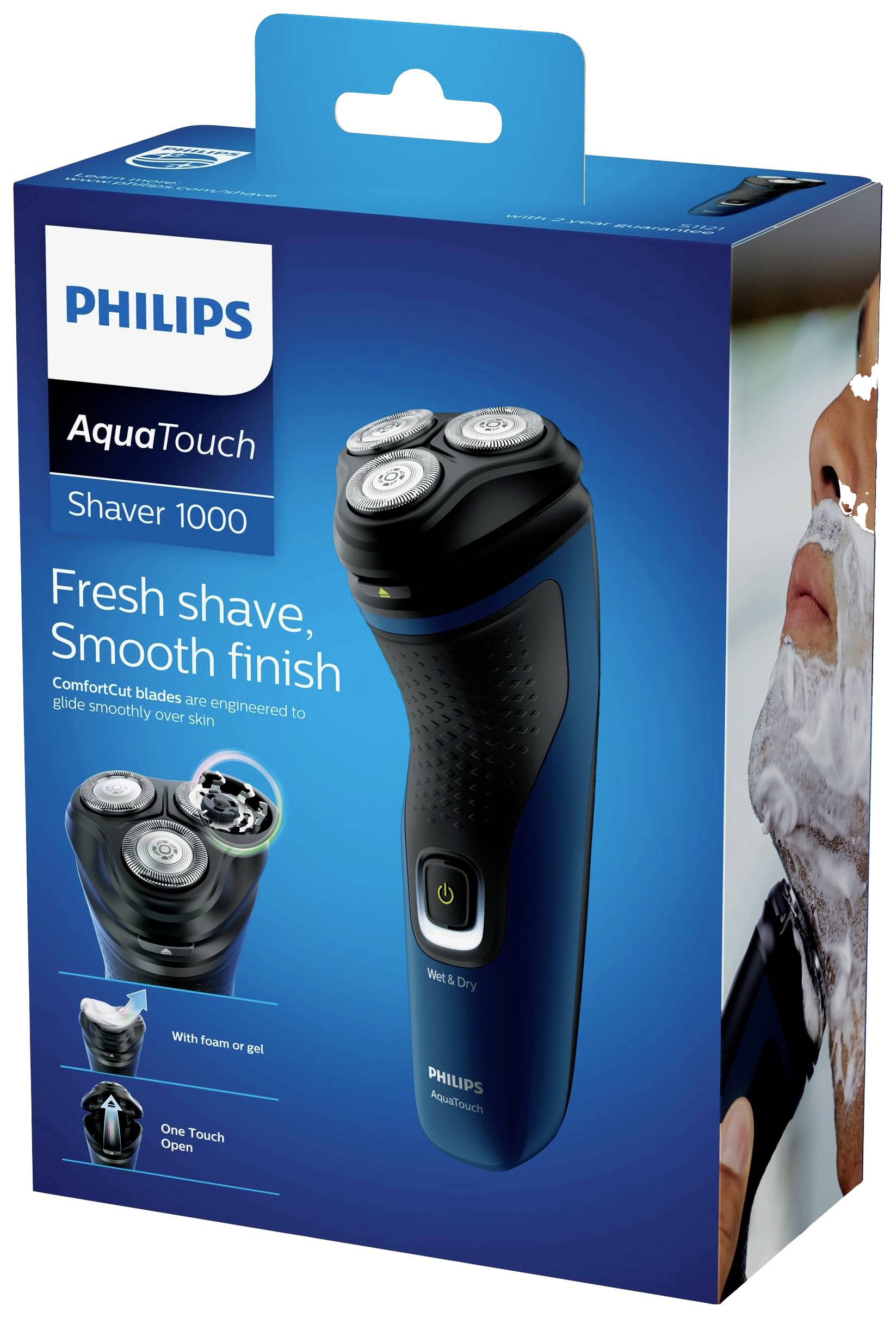 Elektrischer Rasierer Philips AquaTouch, Modell Shaver 1000, auf Verpackung mit abgebildetem Rasierer und rasiertem Gesicht.