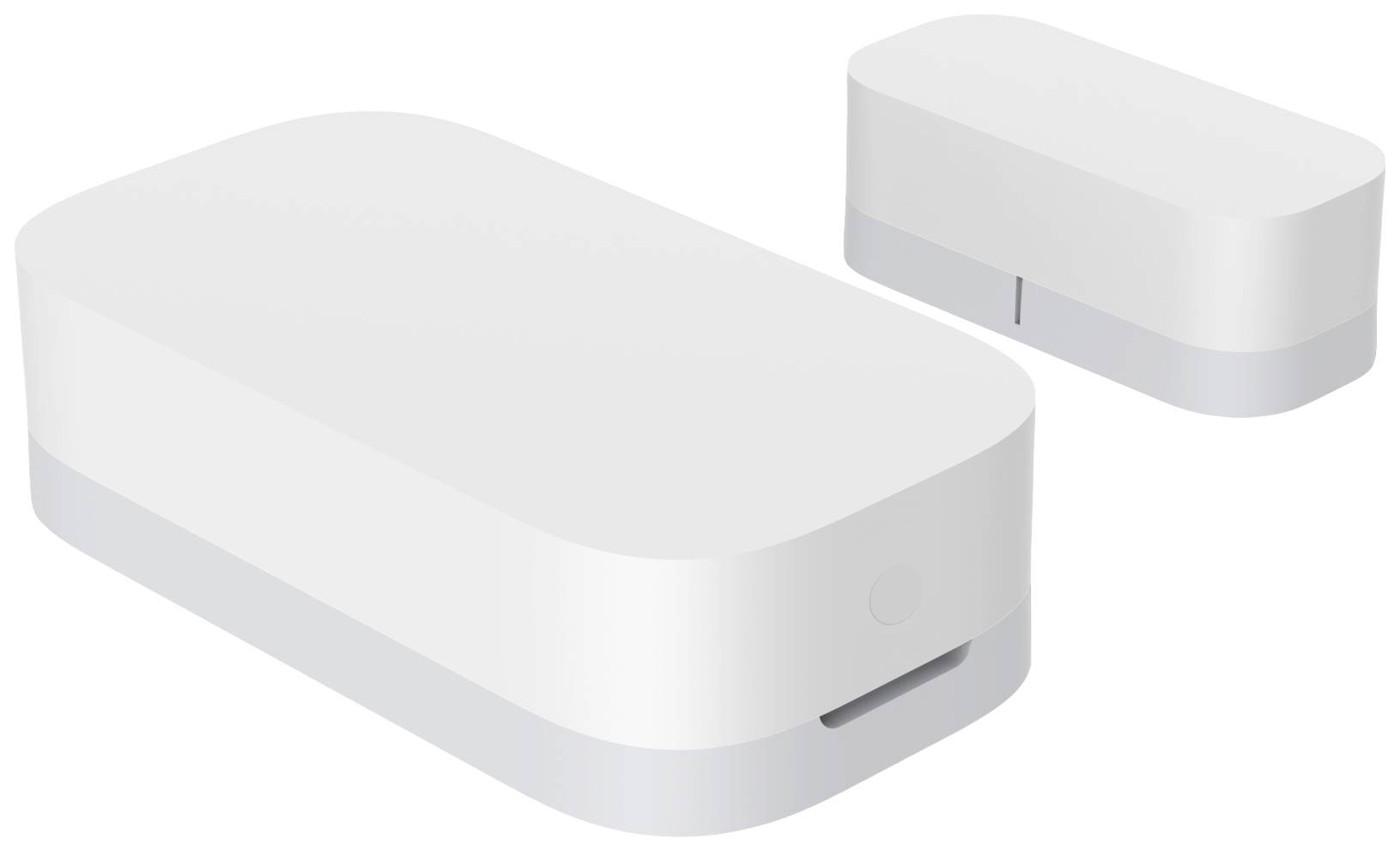 Weiße, rechteckige elektronische Geräte mit abgerundeten Ecken, möglicherweise Sensoren oder Teile eines Sicherheits- oder Automationssystems.